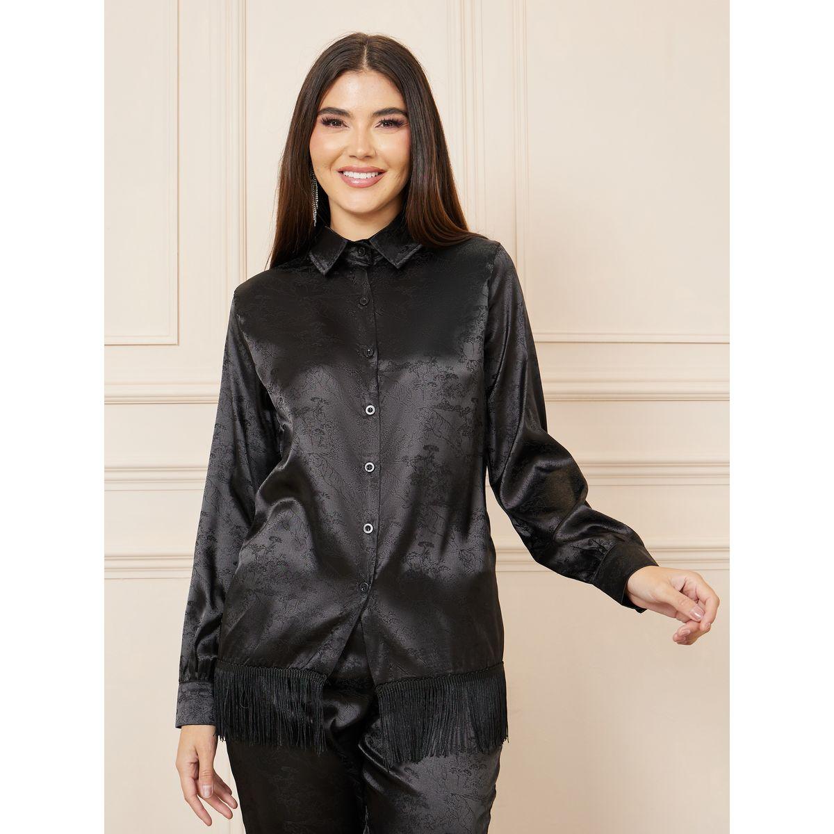 Styli Satin Jacquard Print Tassel Hem Shirt and Straight Leg Pant Set-women-clothing-coordsets-image-3