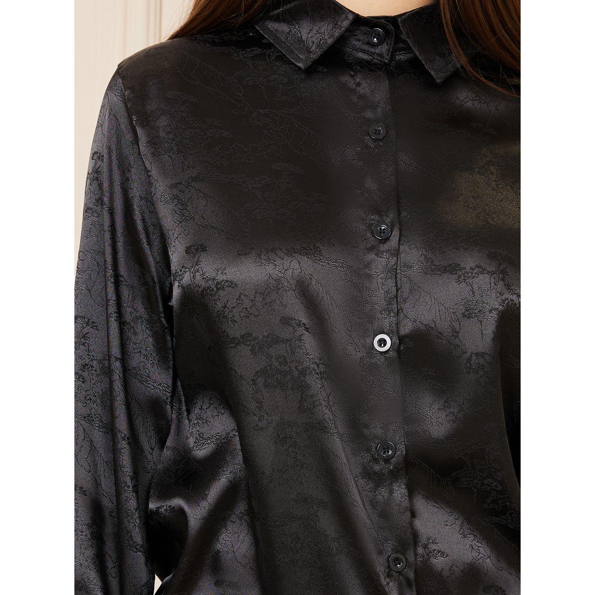 Styli Satin Jacquard Print Tassel Hem Shirt and Straight Leg Pant Set-women-clothing-coordsets-image-4