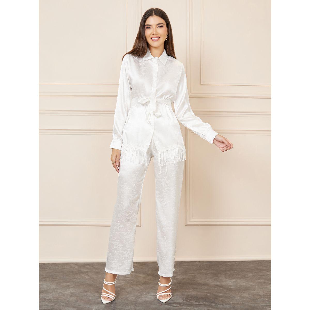 Styli Satin Jacquard Print Tassel Hem Shirt and Straight Leg Pant Set-women-clothing-coordsets-image-1