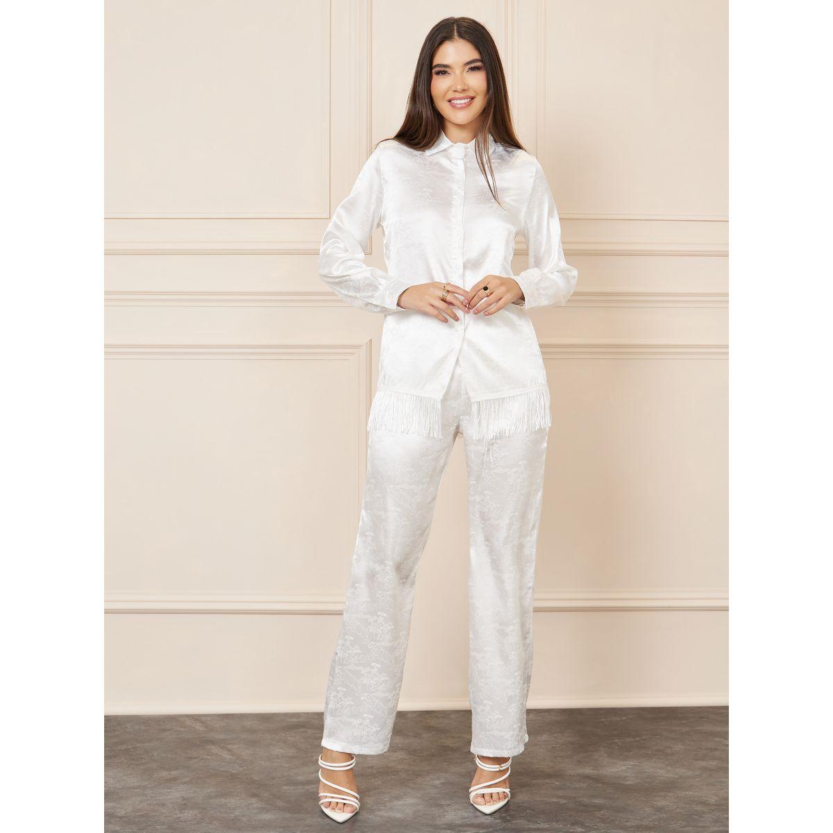 Styli Satin Jacquard Print Tassel Hem Shirt and Straight Leg Pant Set-women-clothing-coordsets-image-2