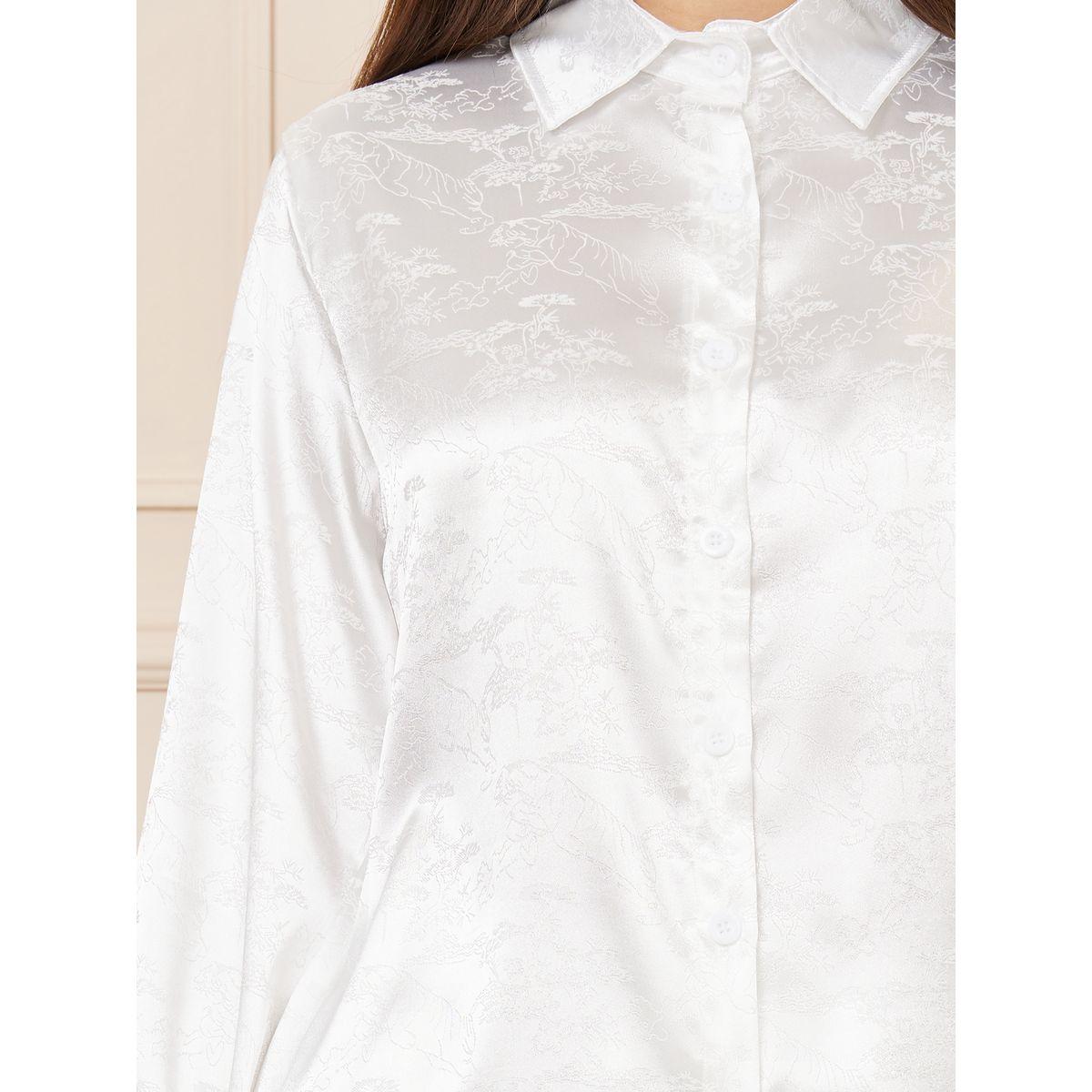 Styli Satin Jacquard Print Tassel Hem Shirt and Straight Leg Pant Set-women-clothing-coordsets-image-4