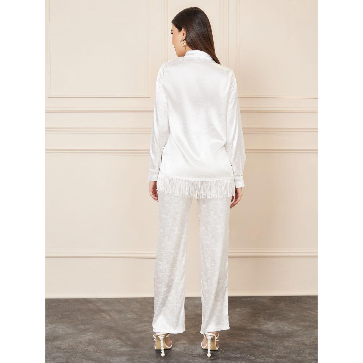 Styli Satin Jacquard Print Tassel Hem Shirt and Straight Leg Pant Set-women-clothing-coordsets-image-5