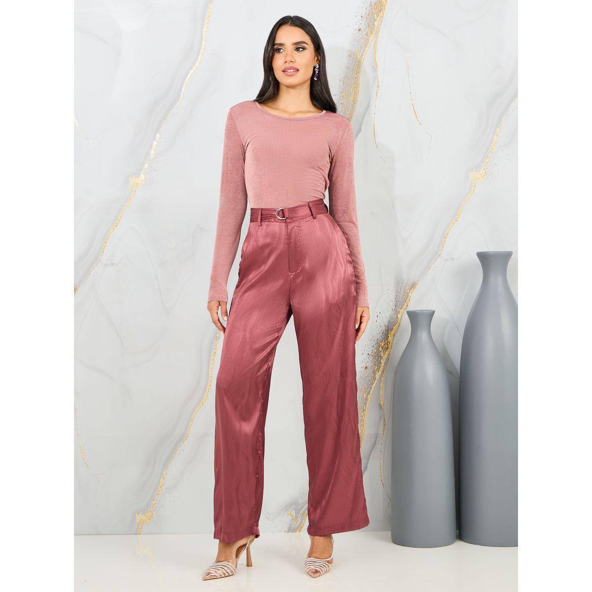 بنطال ساتان بقصة مستقيمة مع بلوزة سادة محبوكة-women-clothing-coordsets-image-1