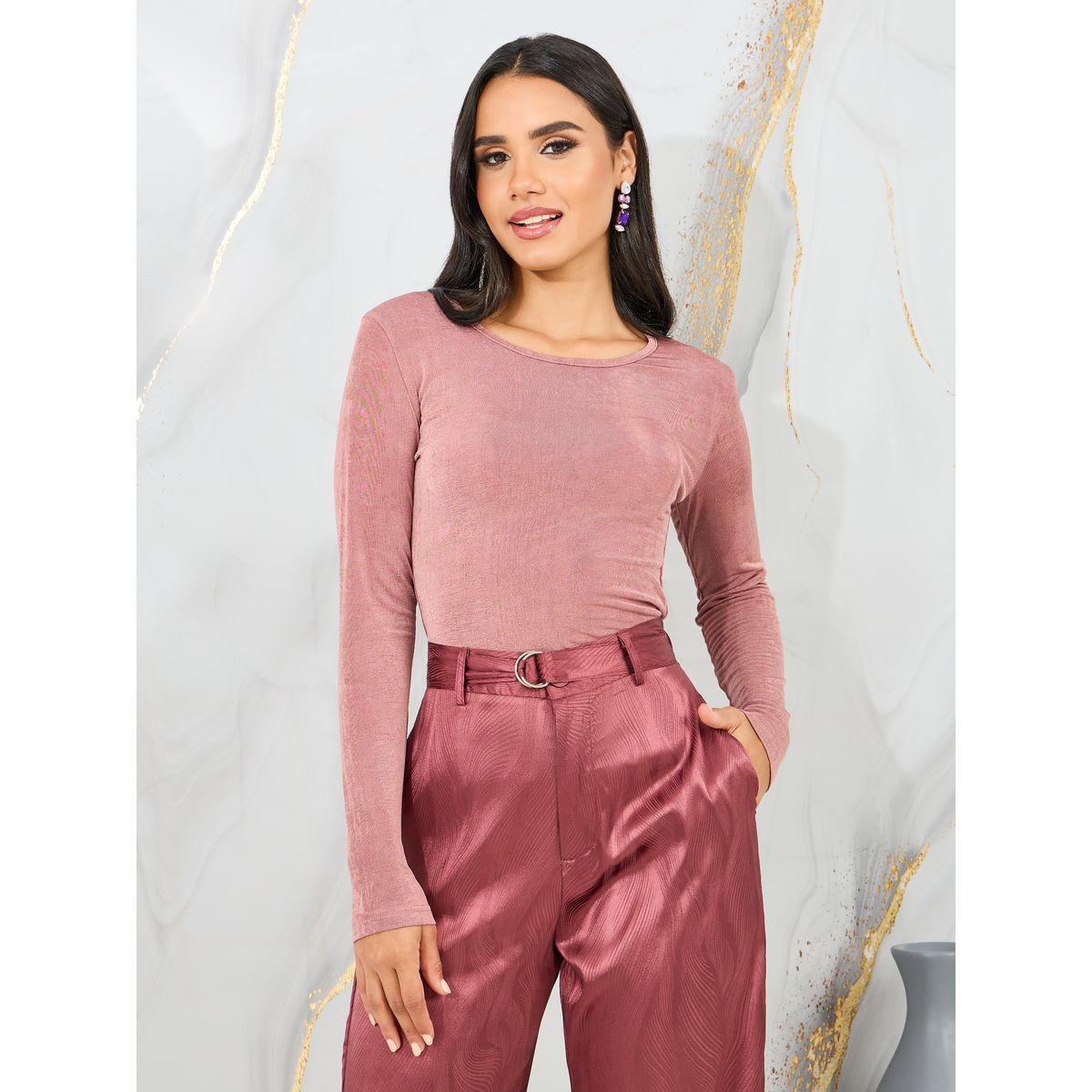Styli Solid Knit Fitted Top and Satin Jacquard Straight Leg Pant-women-clothing-coordsets-image-2