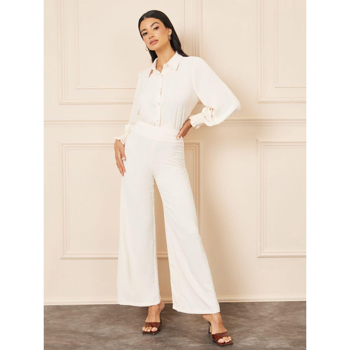 Styli Dobby Smock Cuff Sleeves Blouse and Wide Leg Pant Set-women-clothing-coordsets-image-1