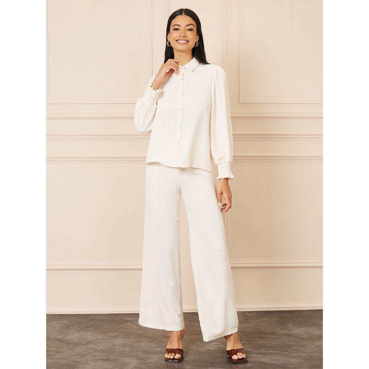 Styli Dobby Smock Cuff Sleeves Blouse and Wide Leg Pant Set-women-clothing-coordsets-image-2