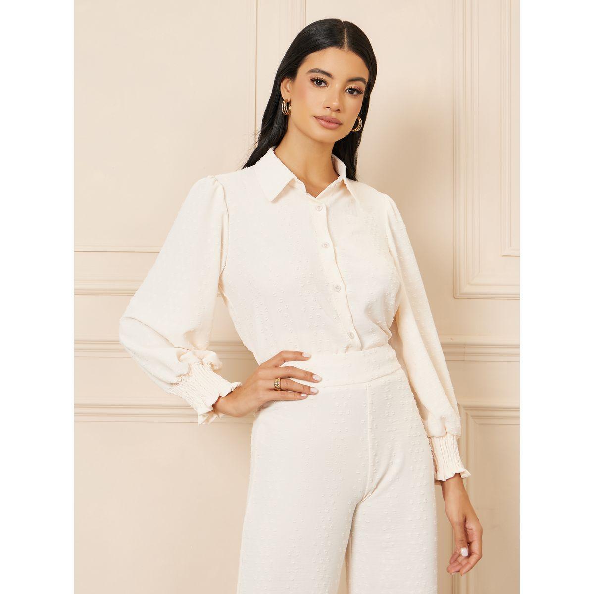 Styli Dobby Smock Cuff Sleeves Blouse and Wide Leg Pant Set-women-clothing-coordsets-image-3