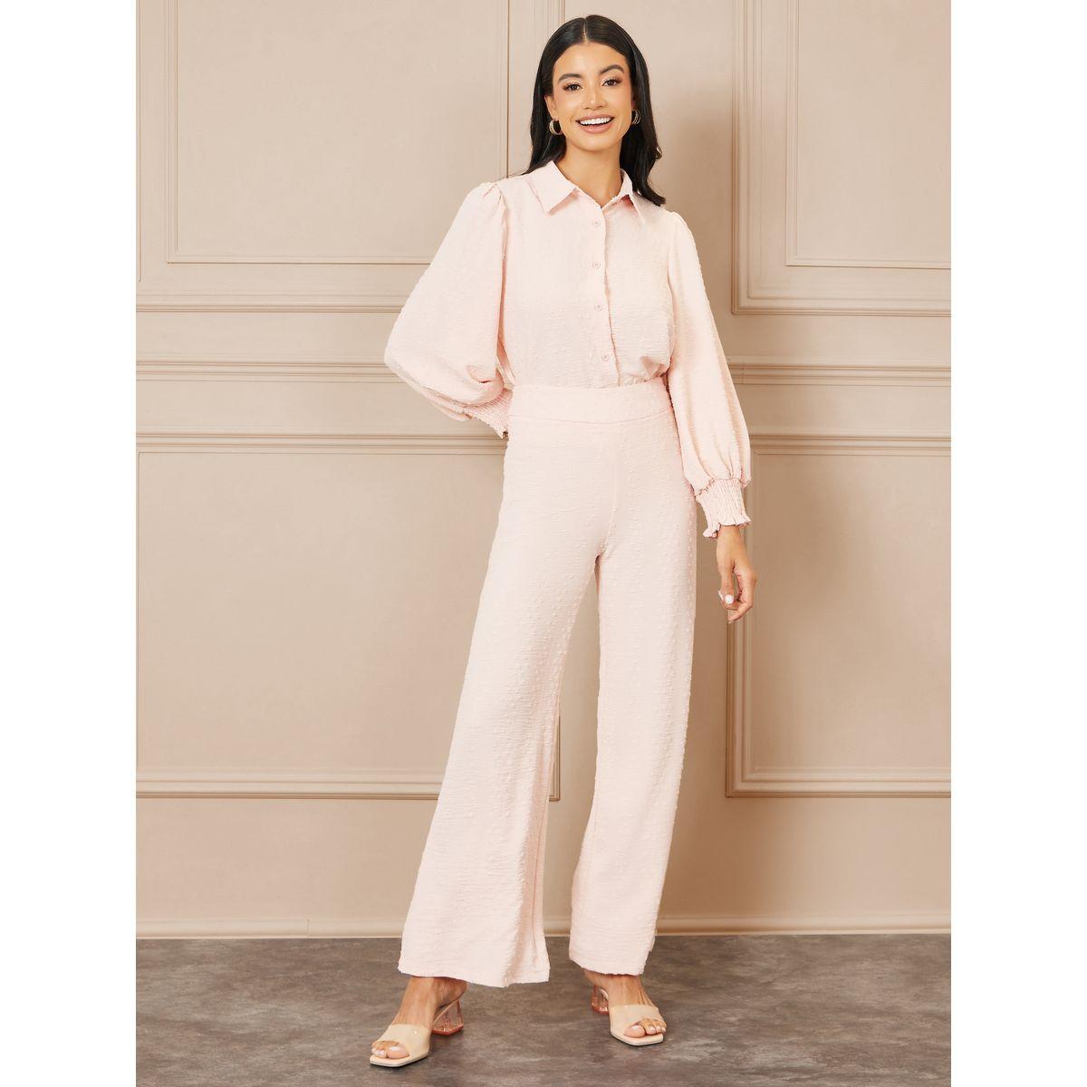 Styli Dobby Smock Cuff Sleeves Blouse and Wide Leg Pant Set-women-clothing-coordsets-image-1