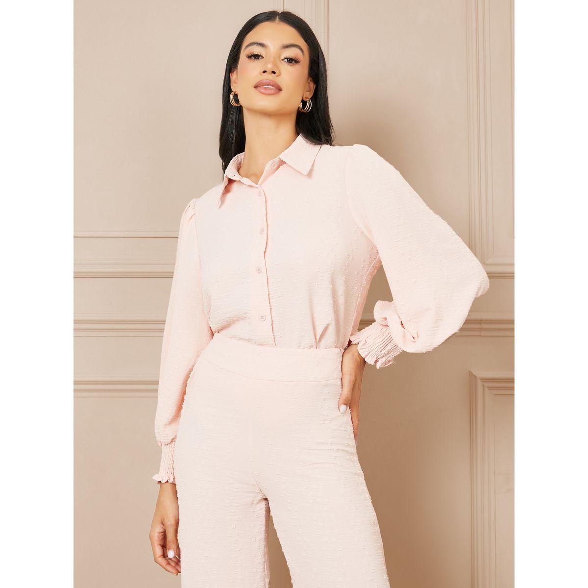 Styli Dobby Smock Cuff Sleeves Blouse and Wide Leg Pant Set-women-clothing-coordsets-image-2