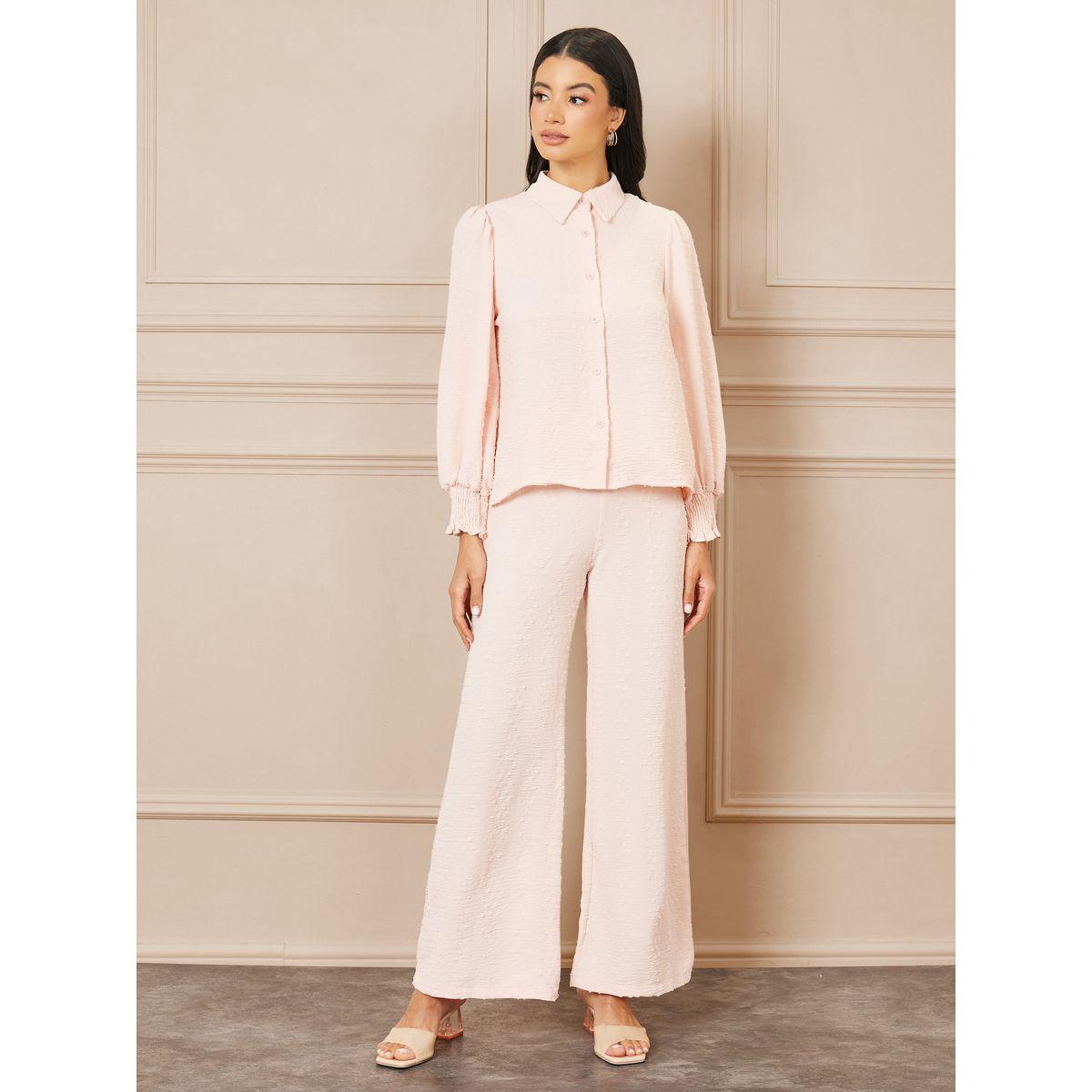 Styli Dobby Smock Cuff Sleeves Blouse and Wide Leg Pant Set-women-clothing-coordsets-image-4