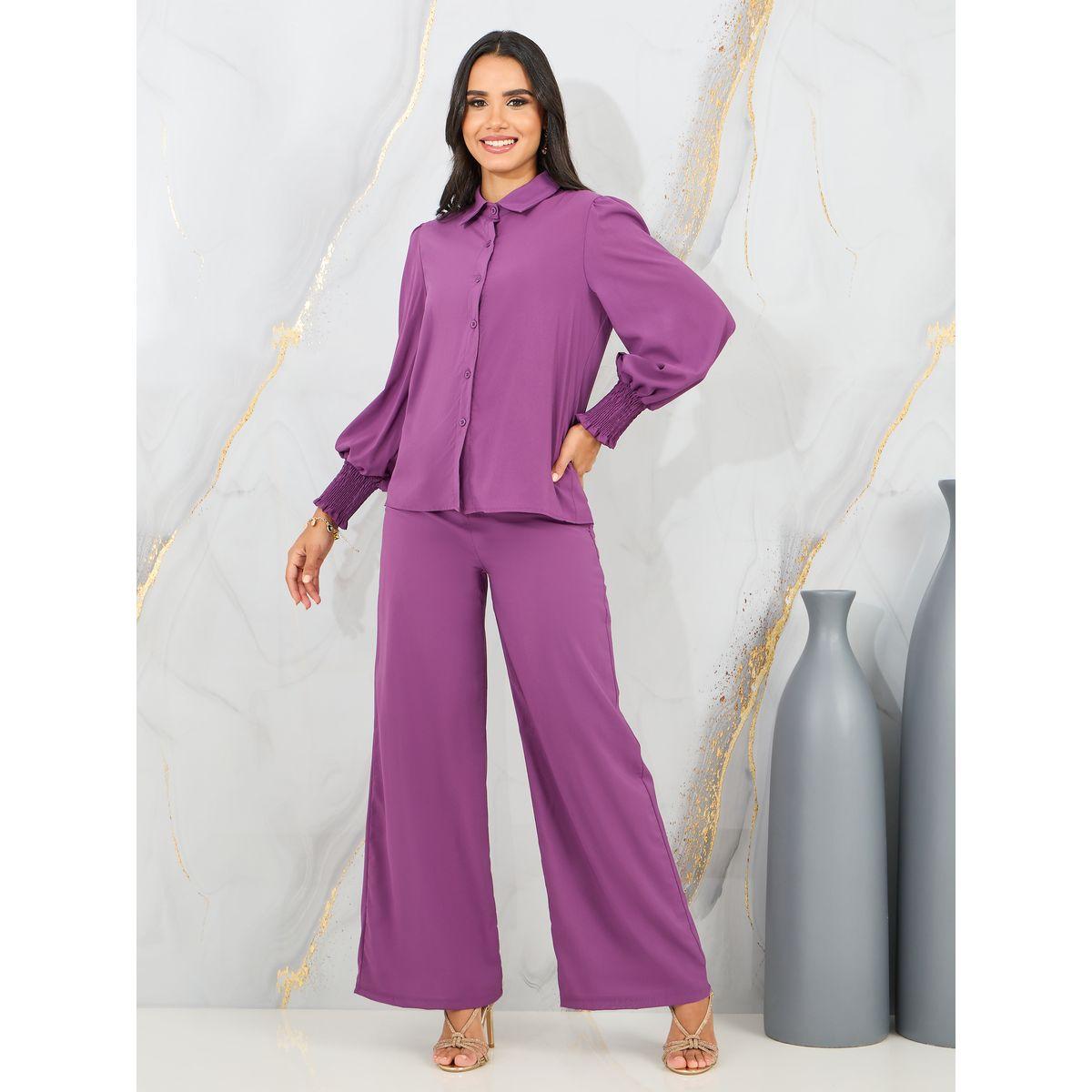 مجموعة من بنطال بارجل واسعة وبلوزة واكمام مكبلة-women-clothing-coordsets-image-1