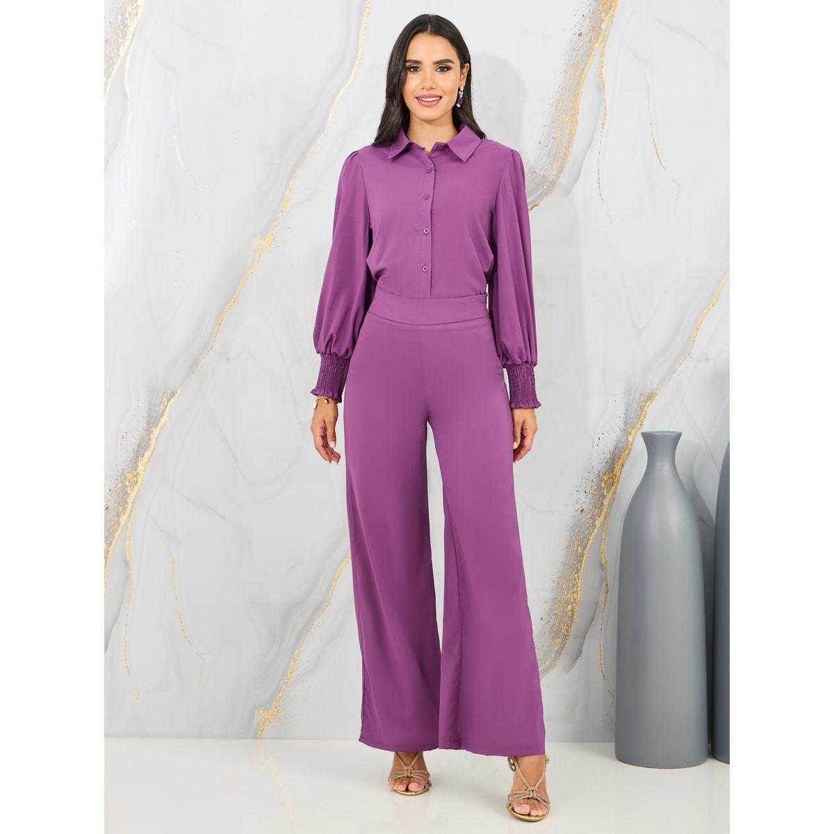 مجموعة من بنطال بارجل واسعة وبلوزة واكمام مكبلة-women-clothing-coordsets-image-2