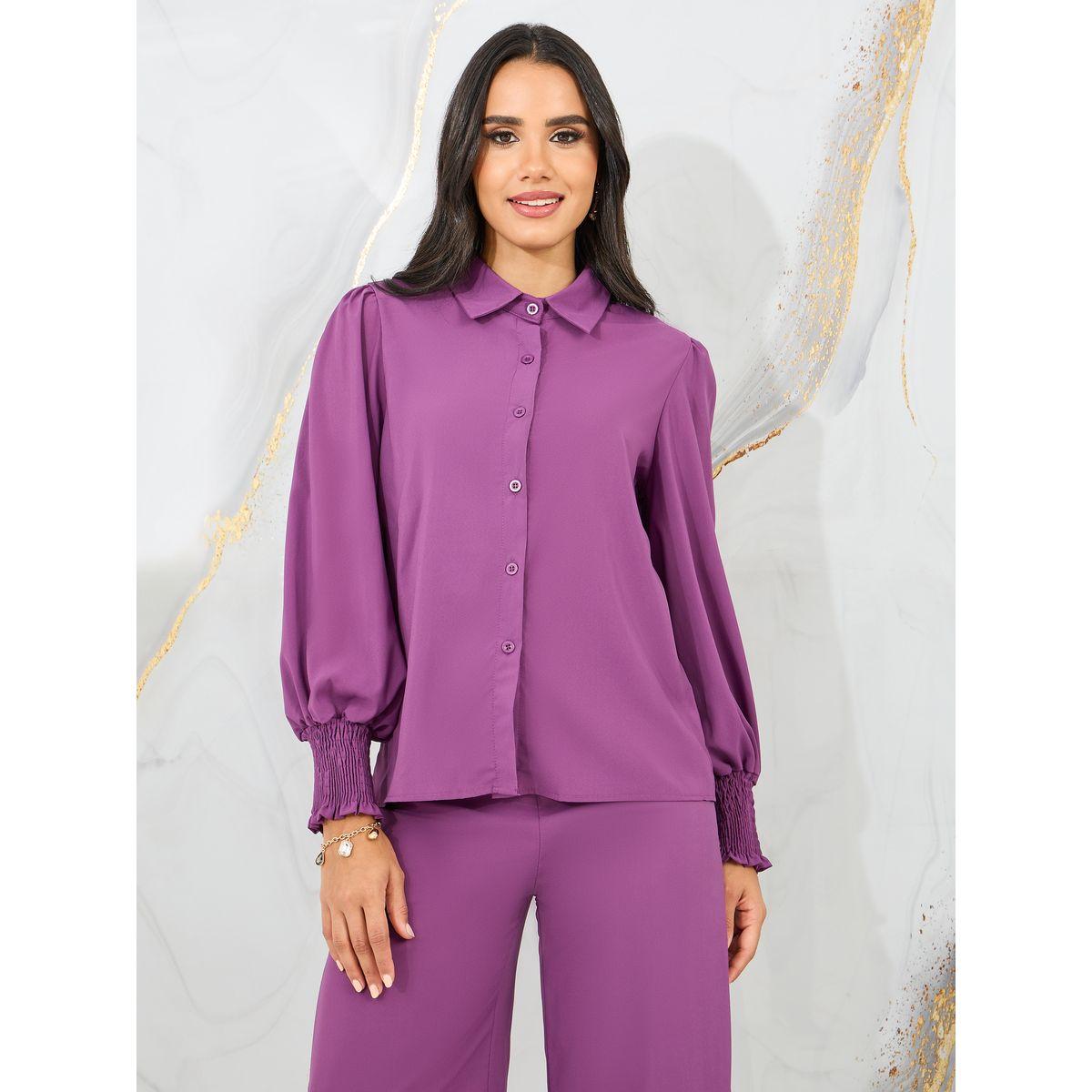 Styli Smocked Detail Cuff Sleeves Shirt and Wide Leg Pant Set-women-clothing-coordsets-image-3