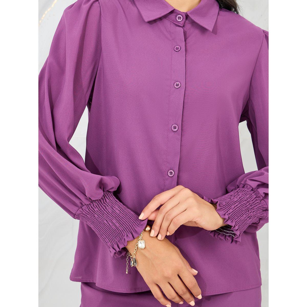 Styli Smocked Detail Cuff Sleeves Shirt and Wide Leg Pant Set-women-clothing-coordsets-image-4