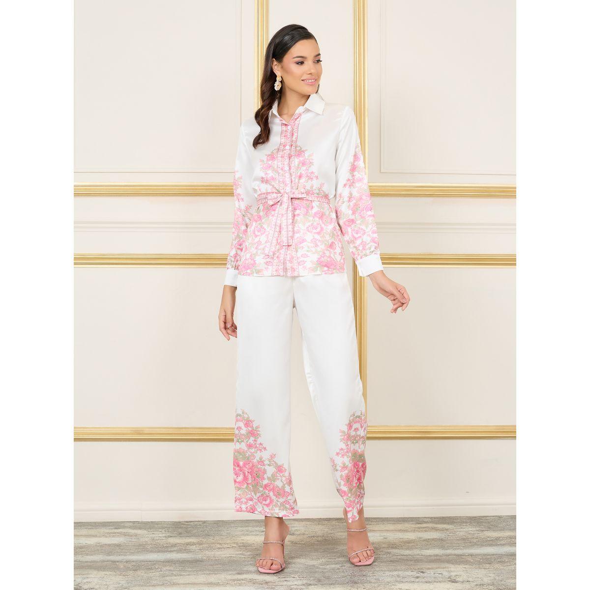 Styli Satin Floral Print Self Tie Up Shirt and Wide Leg Pant Set-women-clothing-coordsets-image-1