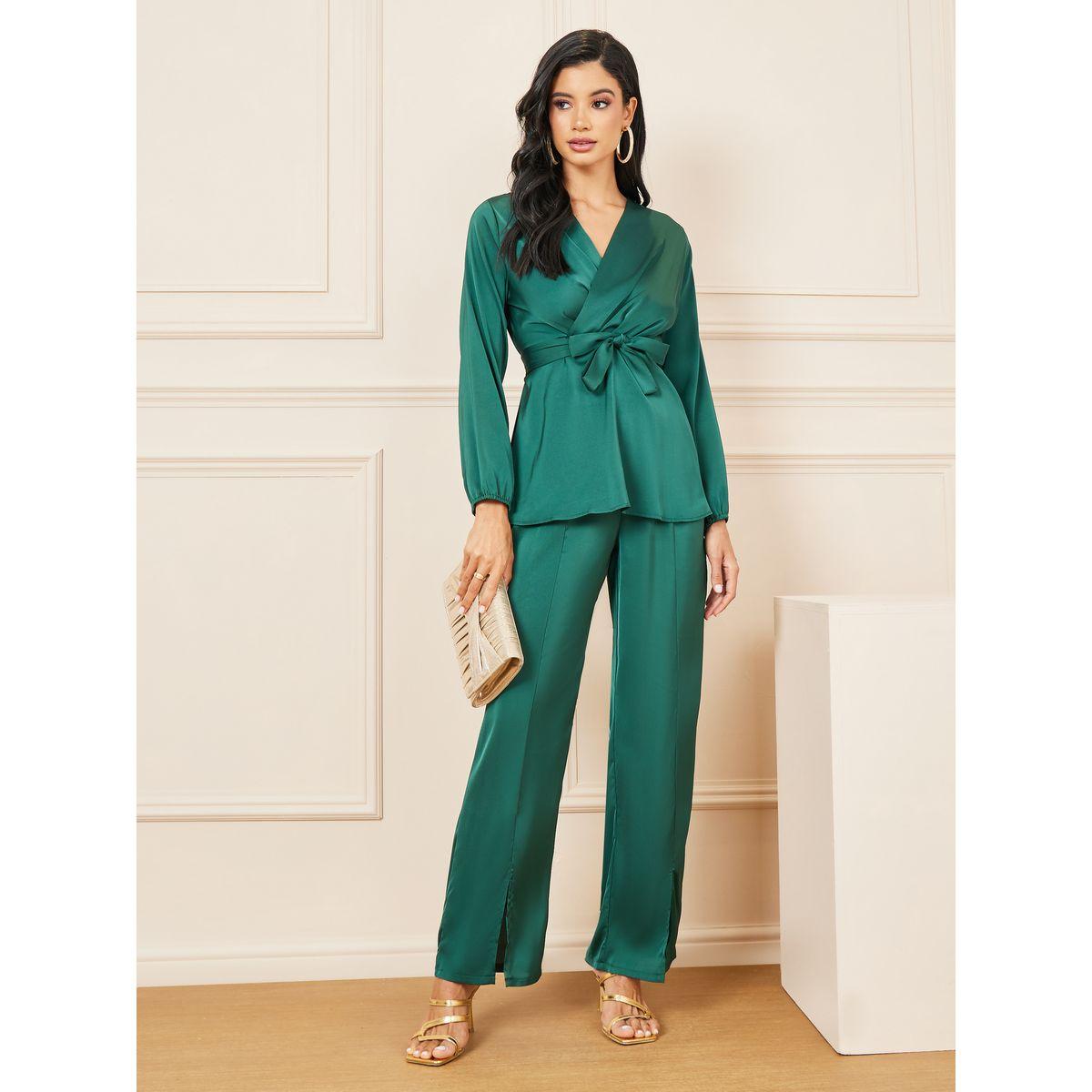 طقم منسق من بنطال بشق وبلوزة بنمط لف-women-clothing-coordsets-image-1
