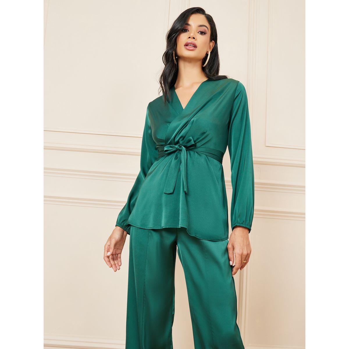 طقم منسق من بنطال بشق وبلوزة بنمط لف-women-clothing-coordsets-image-2