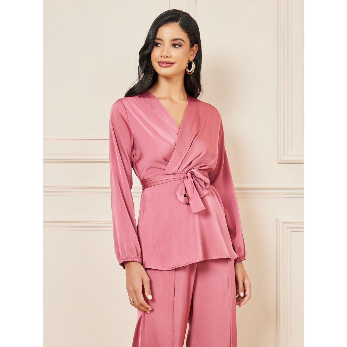 Styli Solid Wrap Top & Slit Detail Pants Co-Ord-women-clothing-coordsets-image-2