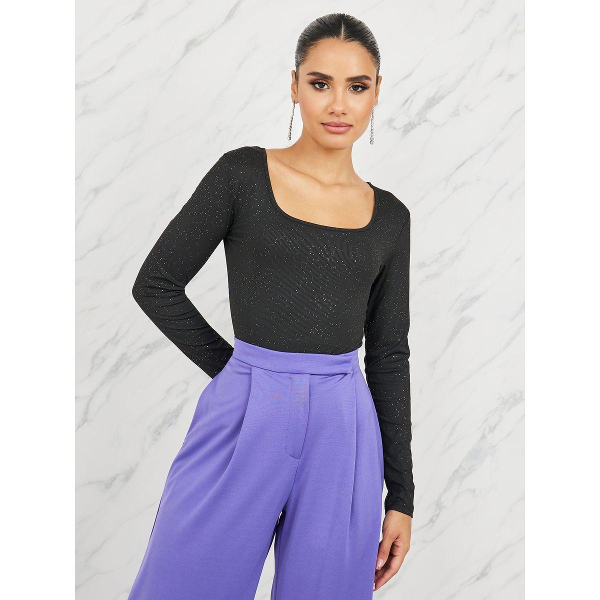 مجموعة من بنطال بارجل واسعة مع بودي سوت مضلع-women-clothing-coordsets-image-3