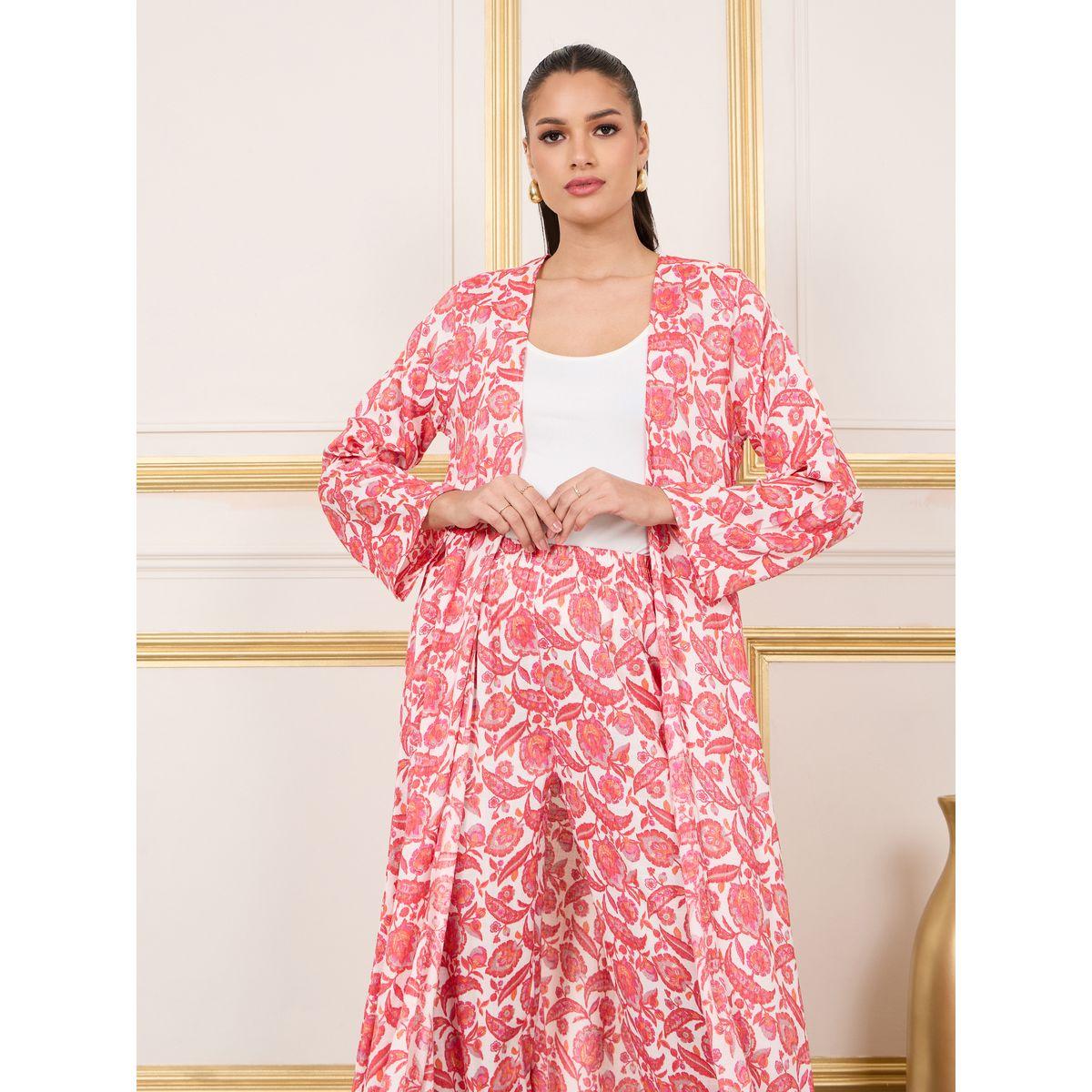 Styli Pack of 3 - Floral Print Open Front Kimono and Straight Leg Pant with Cami Set-women-clothing-coordsets-image-2