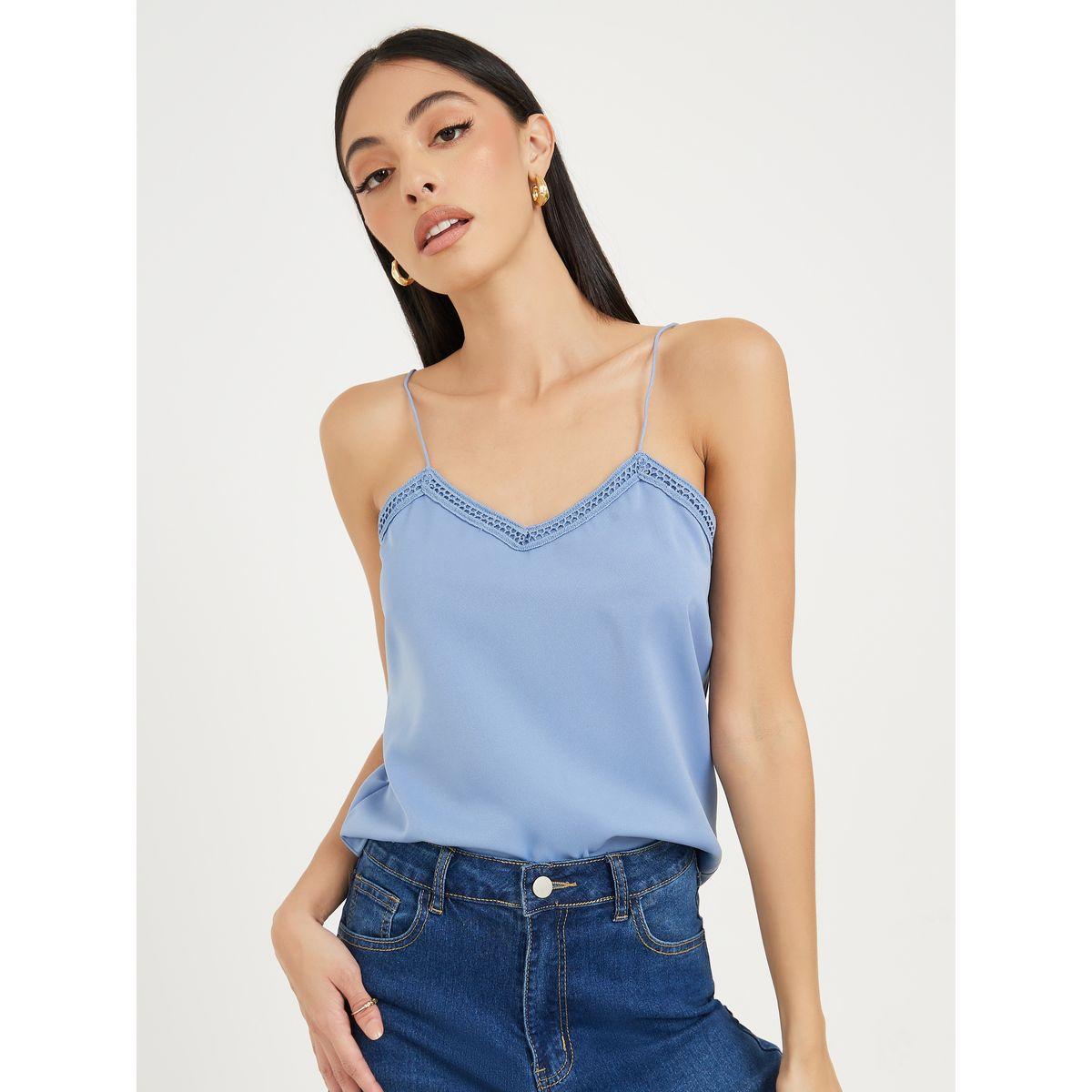 Styli Satin Lace Trim V Neck Cami Top-women-clothing-tshirts-image-1