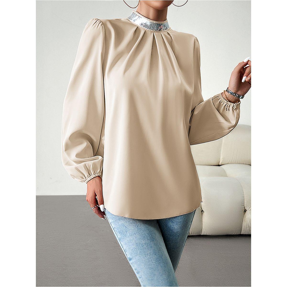 Mock Neck Sequin Detail Blouse with Volume Sleeve-women-clothing-shirtsandblouses-blouses-image-1