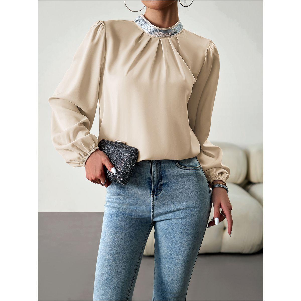 Mock Neck Sequin Detail Blouse with Volume Sleeve-women-clothing-shirtsandblouses-blouses-image-4