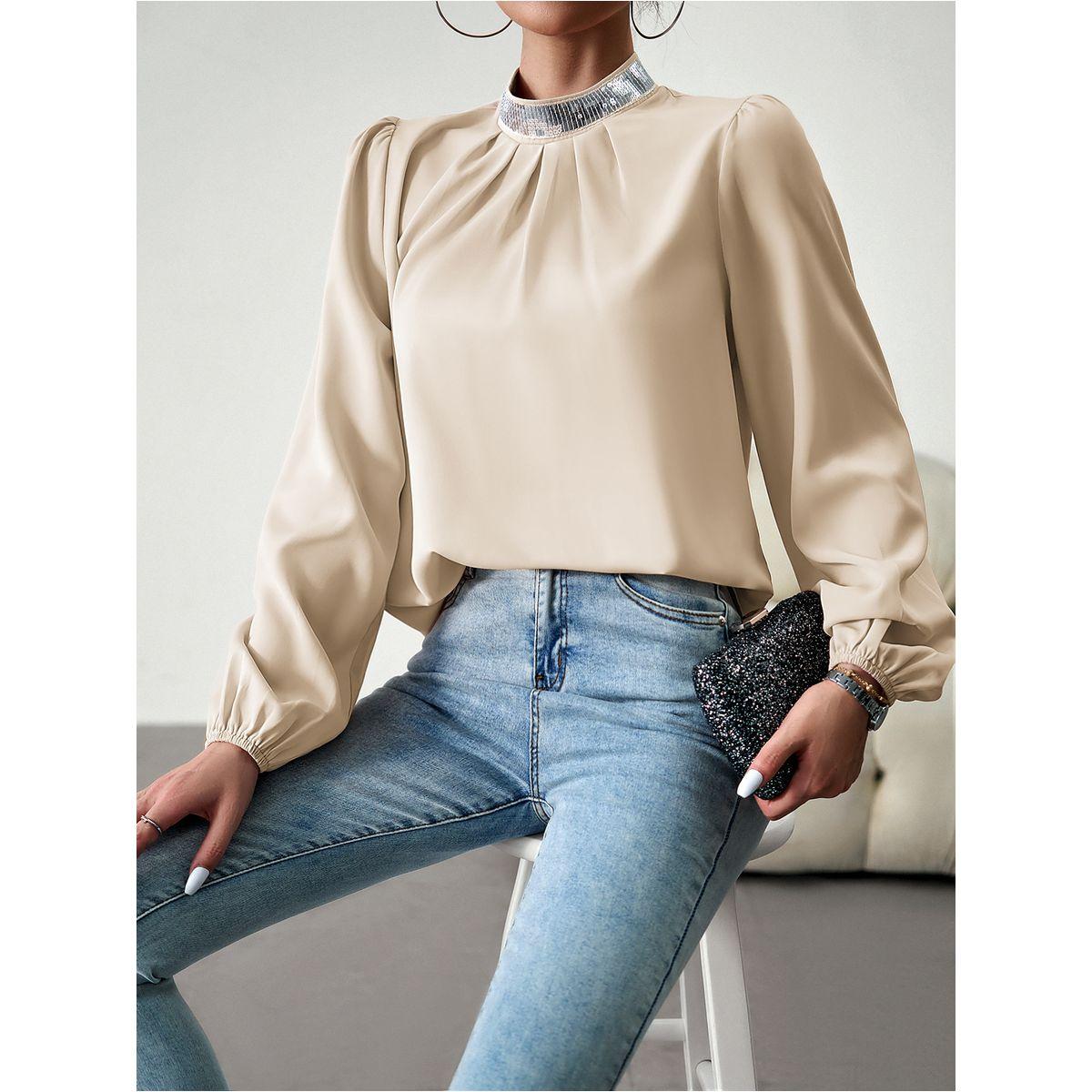 Mock Neck Sequin Detail Blouse with Volume Sleeve-women-clothing-shirtsandblouses-blouses-image-5