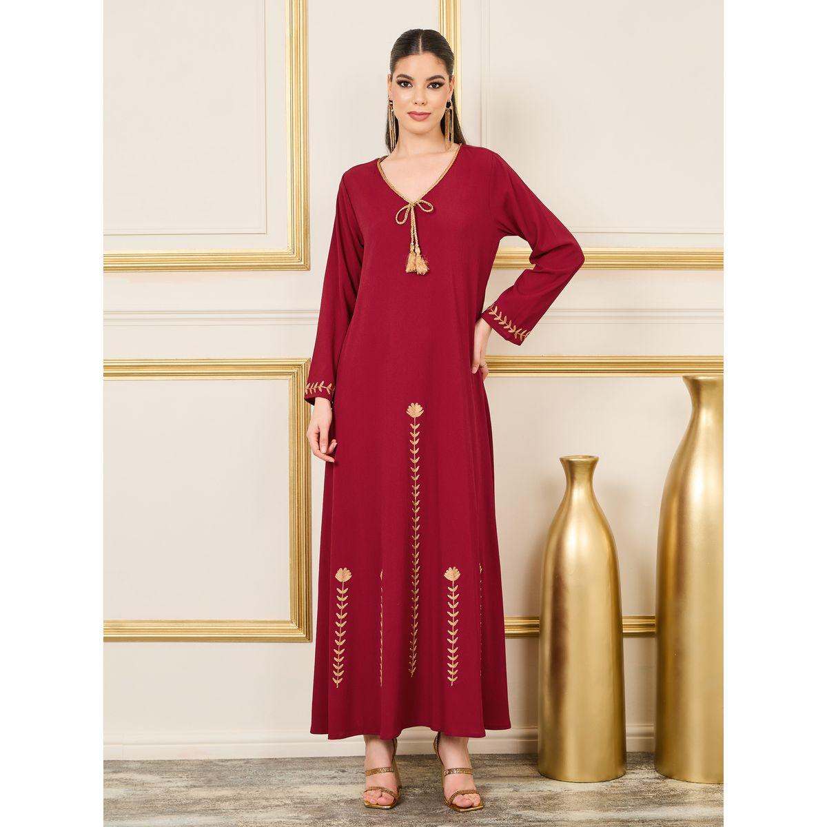 Styli Embroidered Braided Trim Neck Jalabiya with Tassel Detail-women-arabicclothing-jalabiyas-image-1
