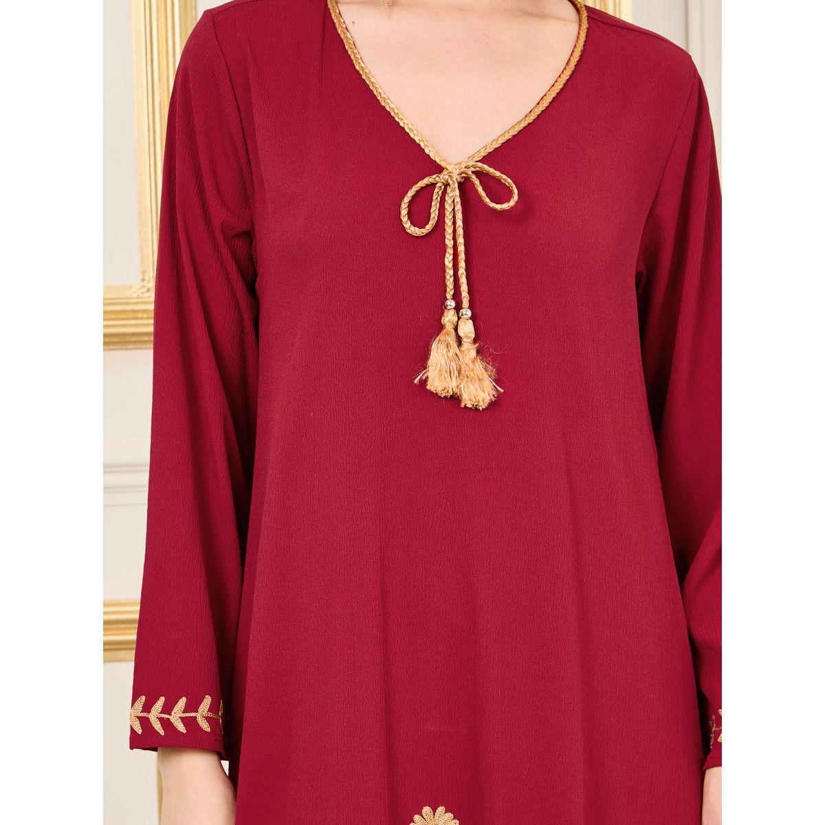 Styli Embroidered Braided Trim Neck Jalabiya with Tassel Detail-women-arabicclothing-jalabiyas-image-3