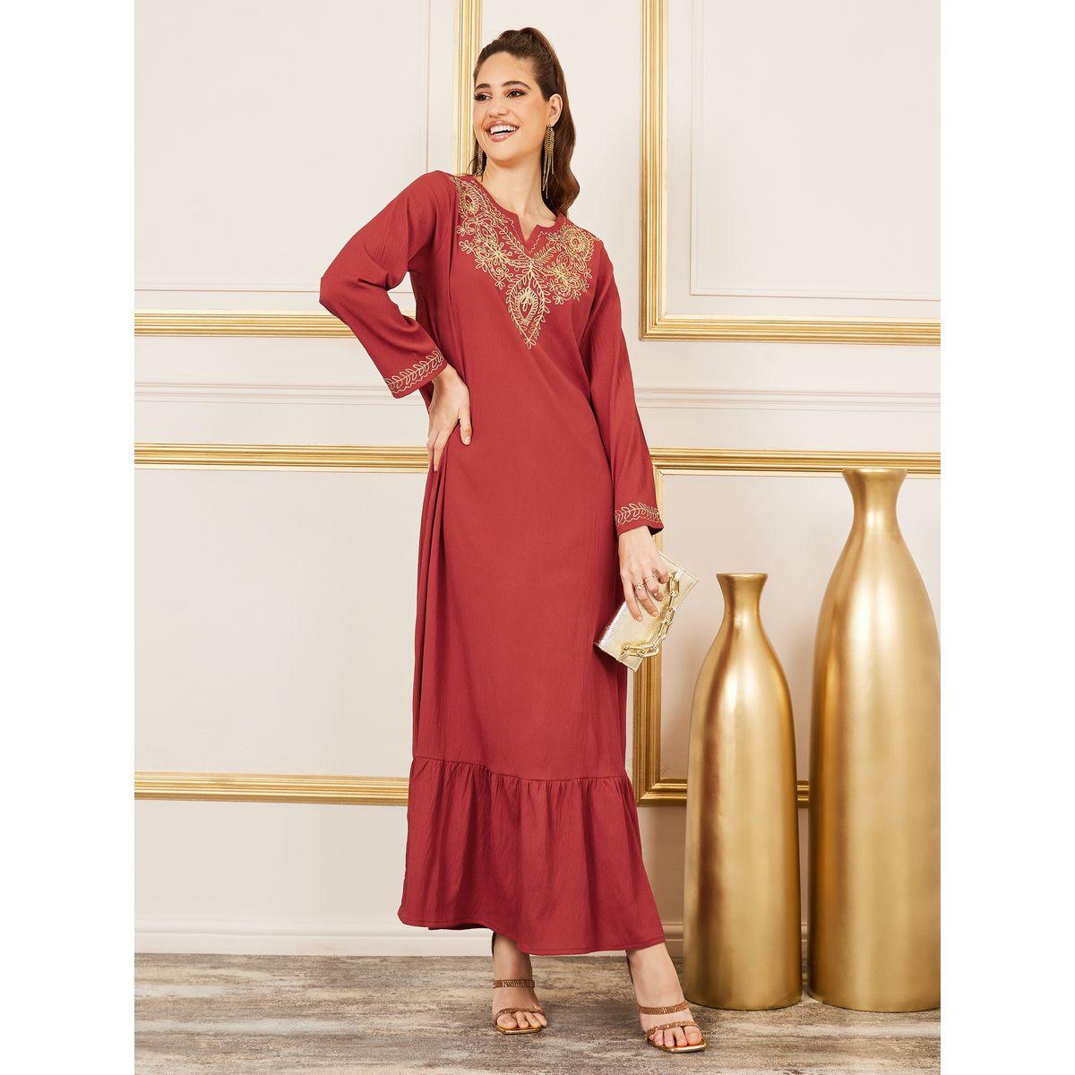 Styli Embroidered Neck Textured Ruffle Hem Jalabiya-women-arabicclothing-jalabiyas-image-1
