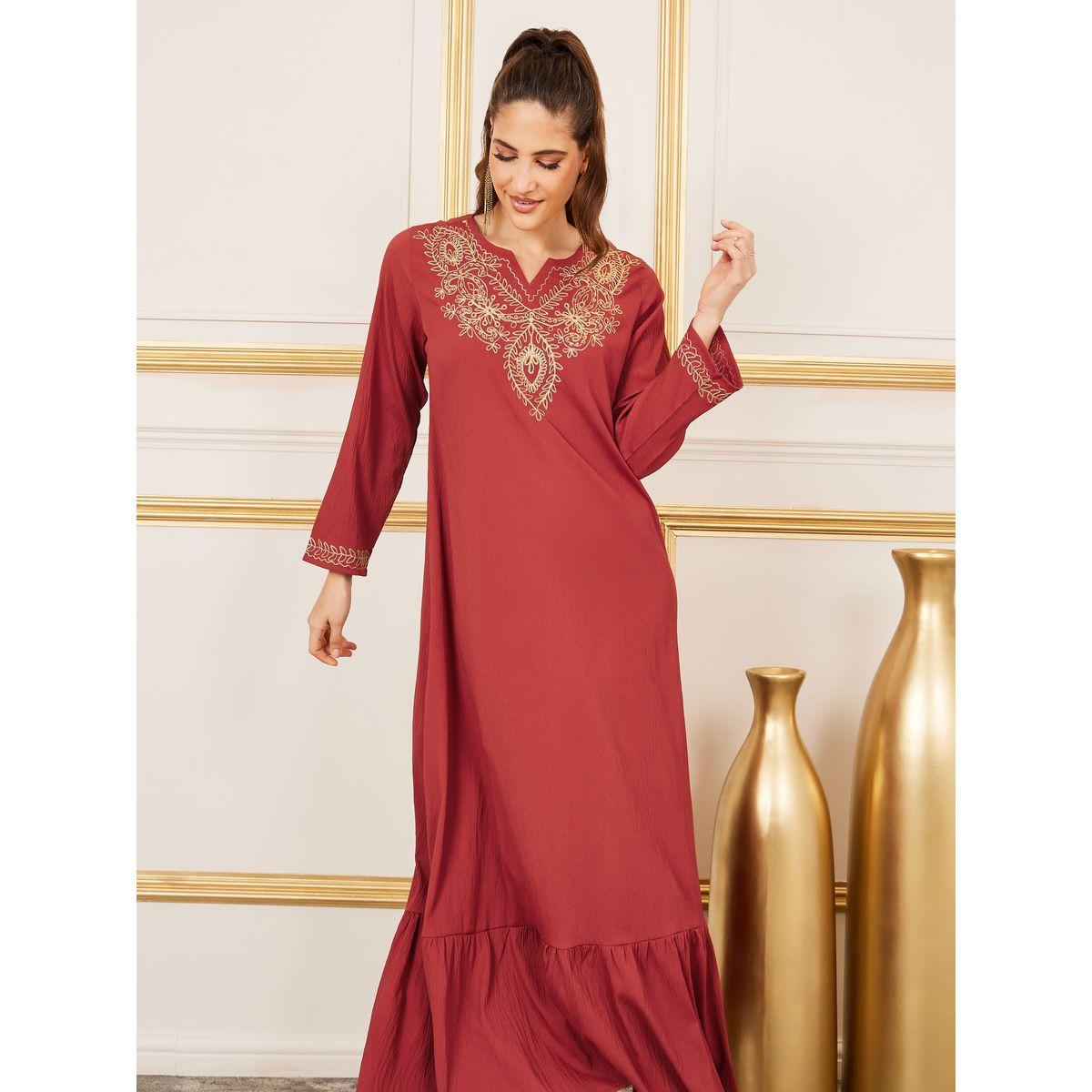 Styli Embroidered Neck Textured Ruffle Hem Jalabiya-women-arabicclothing-jalabiyas-image-2
