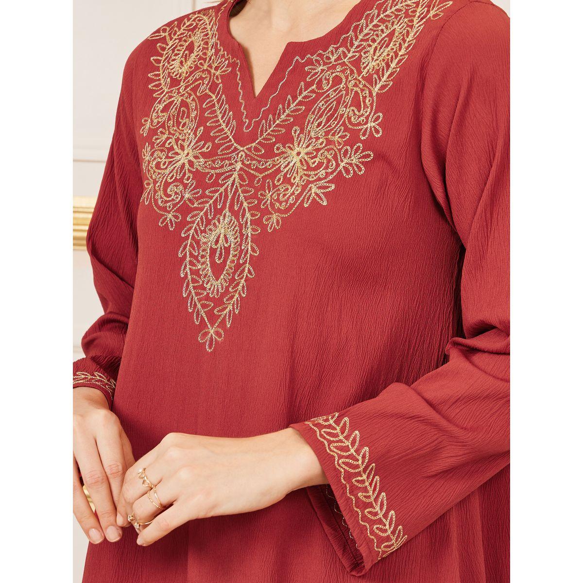 Styli Embroidered Neck Textured Ruffle Hem Jalabiya-women-arabicclothing-jalabiyas-image-3
