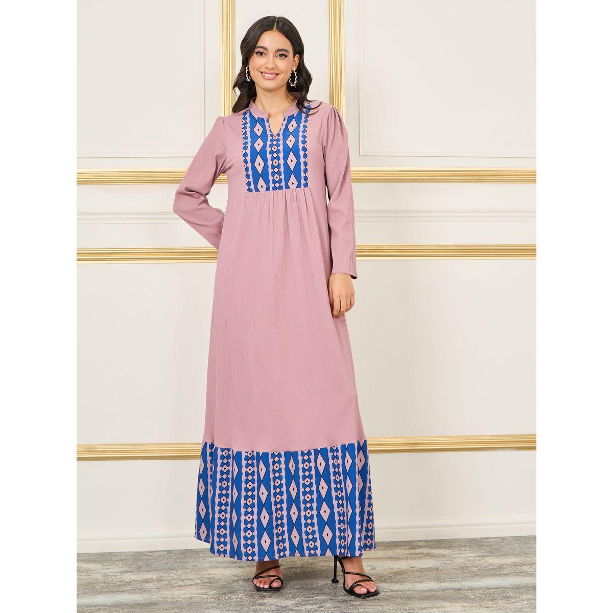 Styli Geo Print Gathered Detail Jalabiya-women-arabicclothing-jalabiyas-image-1