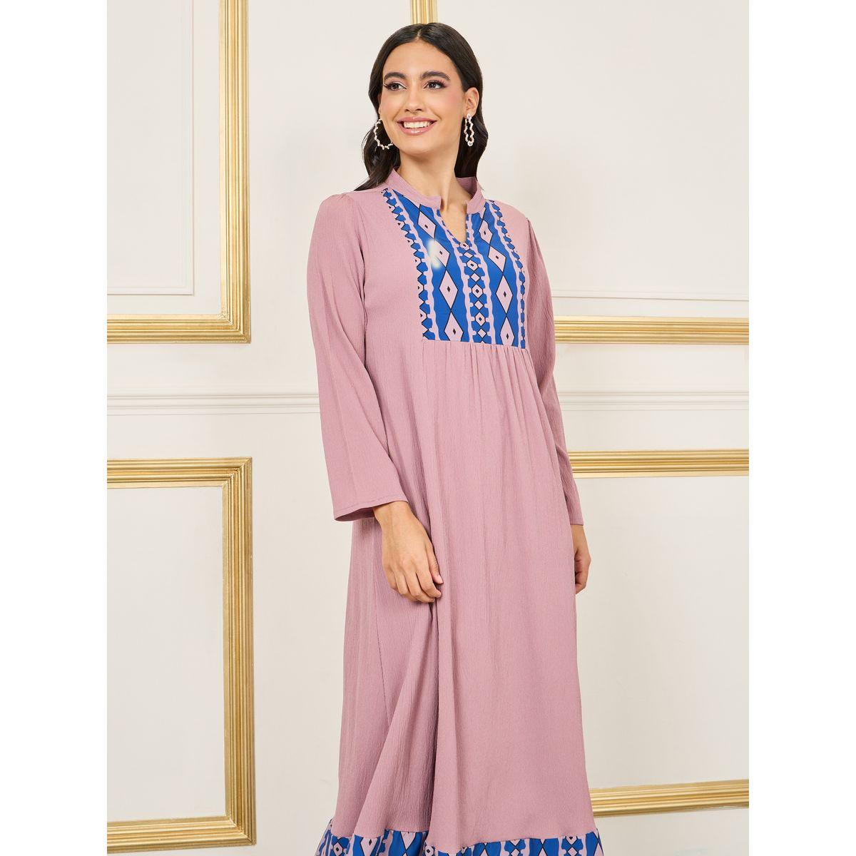 Styli Geo Print Gathered Detail Jalabiya-women-arabicclothing-jalabiyas-image-2