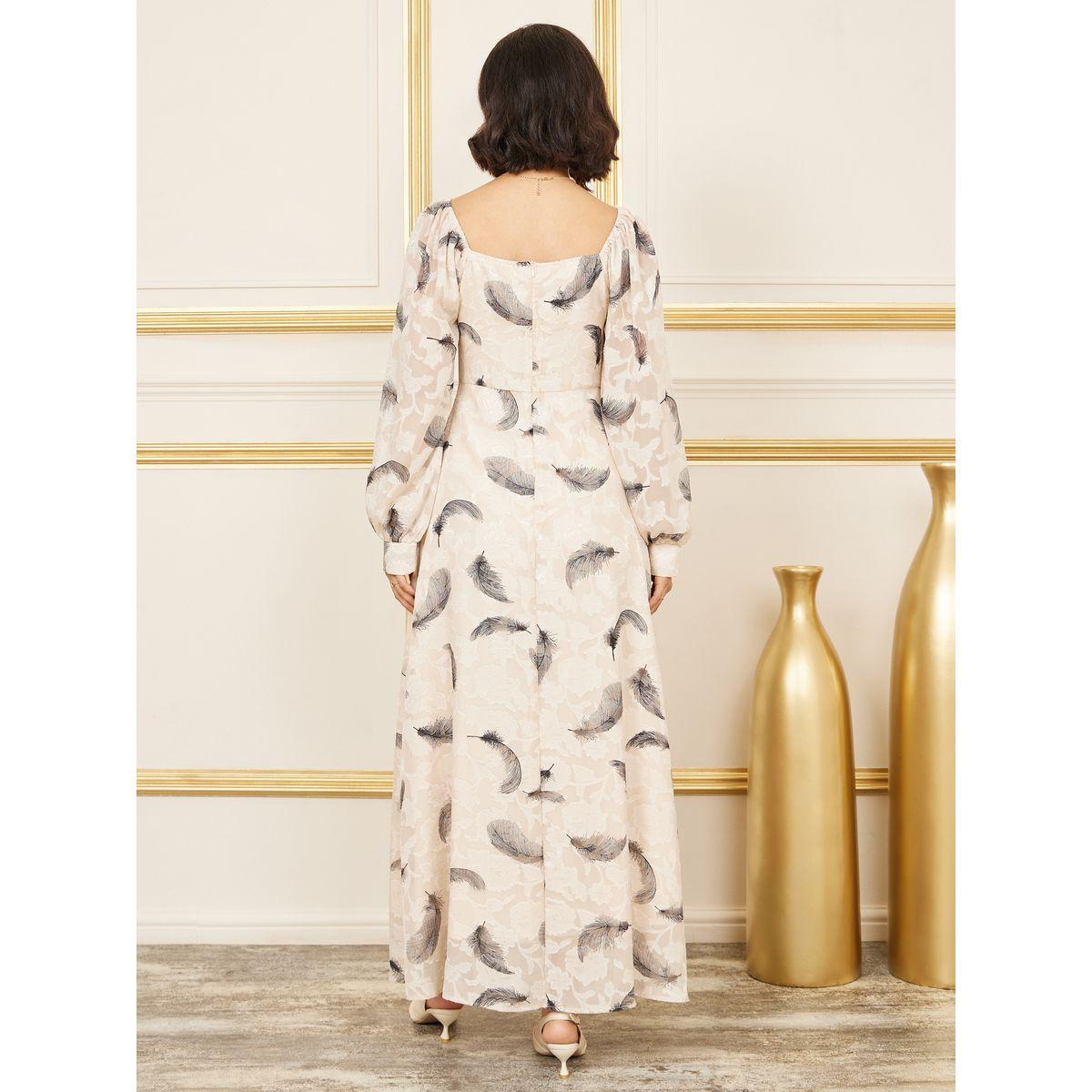 Styli Feather Print Jacquard A-Line Maxi Dress-women-clothing-dresses-image-4