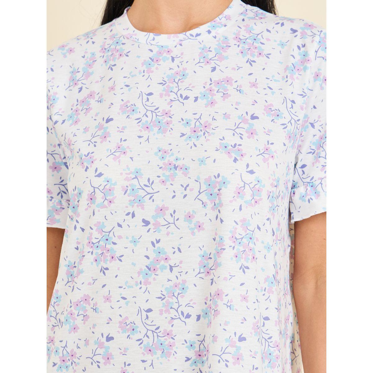 Styli Unwind Ditsy Floral Print Ruffle Sleeves Sleep T-shirt Dress-women-clothing-nightwear-nighties-image-3