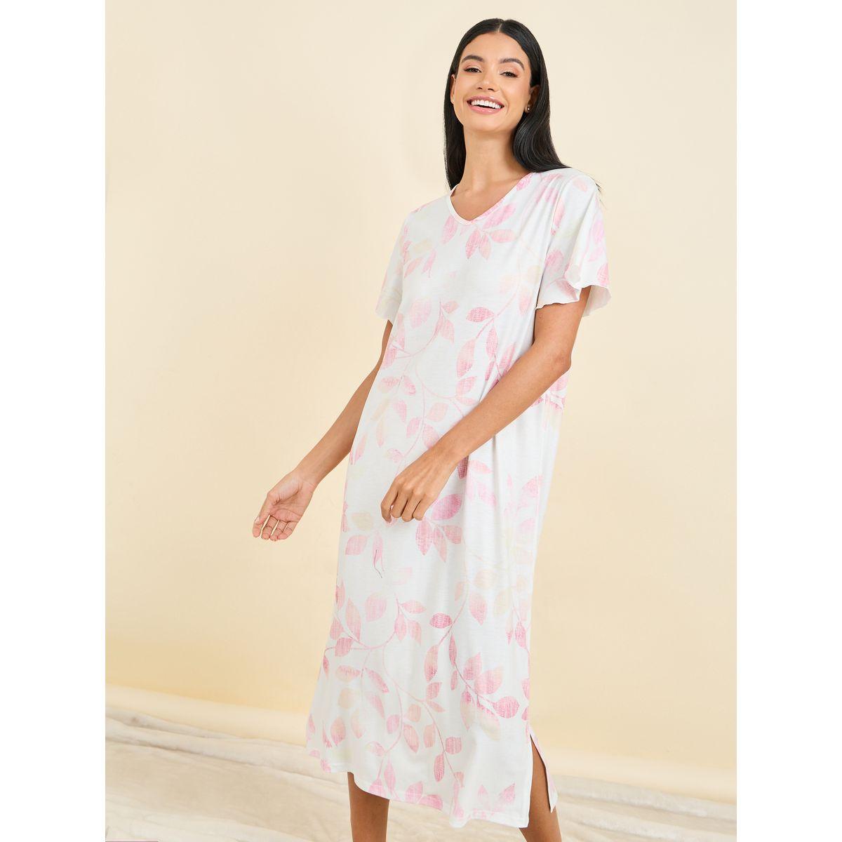 Styli Unwind Leaf Print V Neck Side Slit Sleep T-shirt Dress-women-clothing-nightwear-nighties-image-1