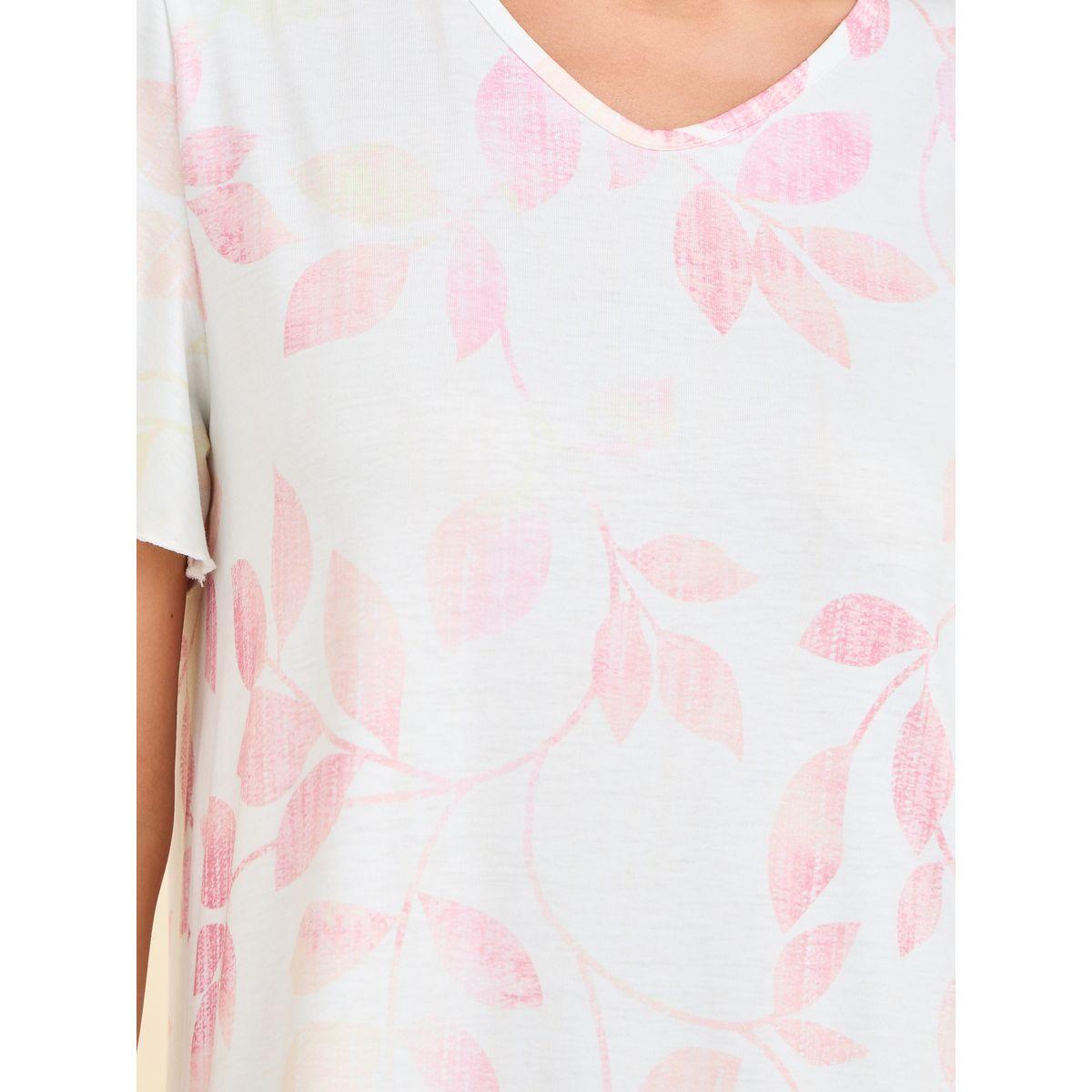 Styli Unwind Leaf Print V Neck Side Slit Sleep T-shirt Dress-women-clothing-nightwear-nighties-image-3