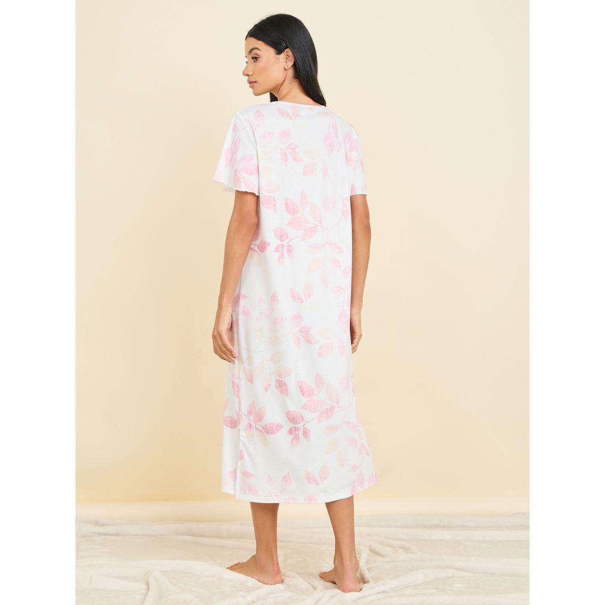 Styli Unwind Leaf Print V Neck Side Slit Sleep T-shirt Dress-women-clothing-nightwear-nighties-image-5