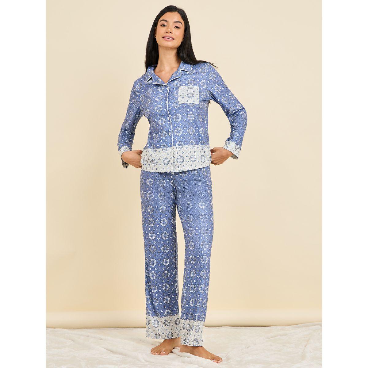 طقم من بنطال بيجاما مع بلوزة بنمط كتل الالوان-women-clothing-nightwear-pyjamas-longsets-image-1