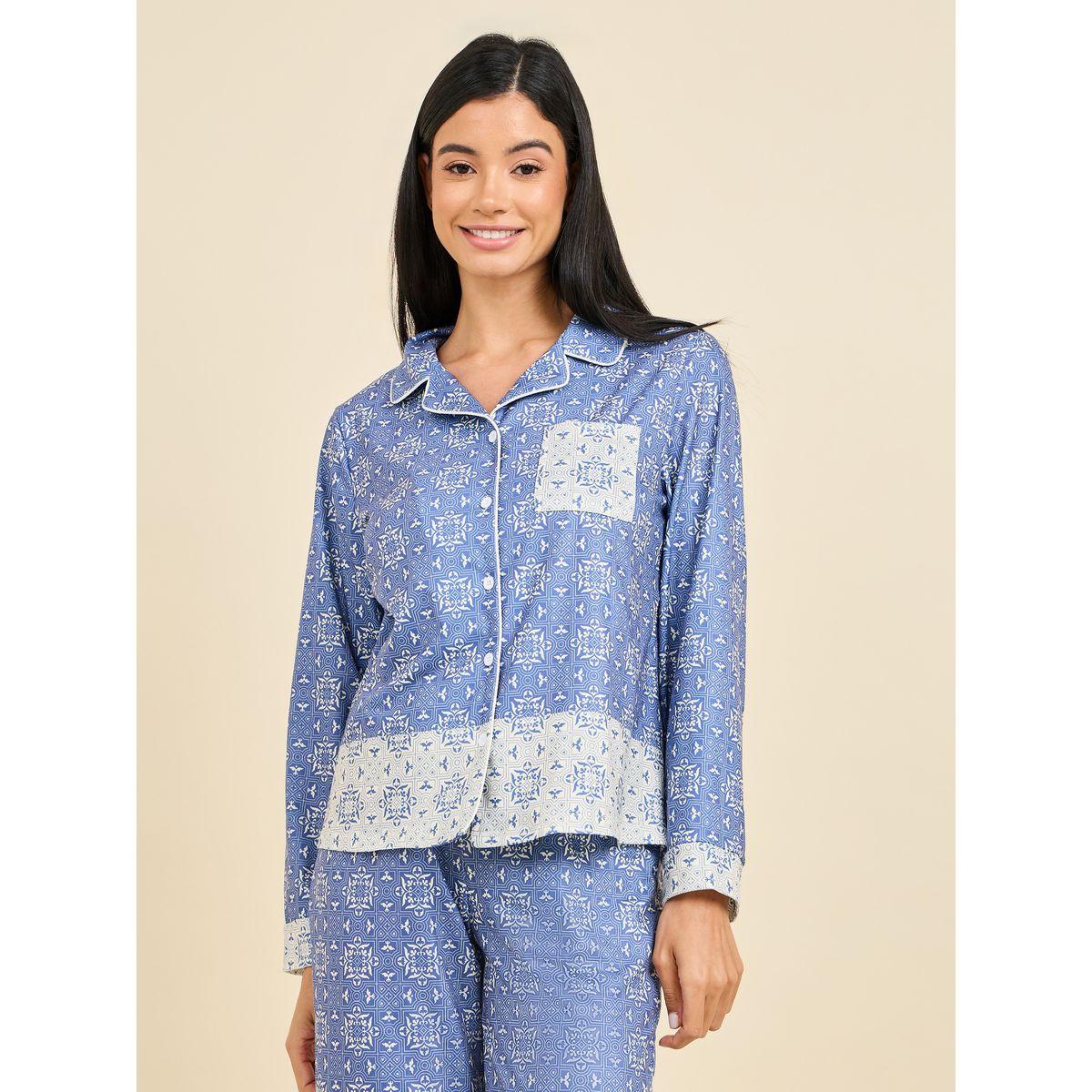 Styli Unwind Colorblock Geo Print Piped Shirt & Pyjama Set-women-clothing-nightwear-pyjamas-longsets-image-2