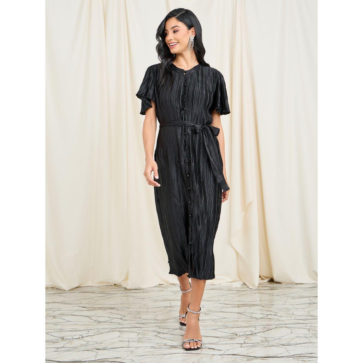 فستان بليسيه ميدي برباط خصر وأزرار-women-clothing-dresses-image-1