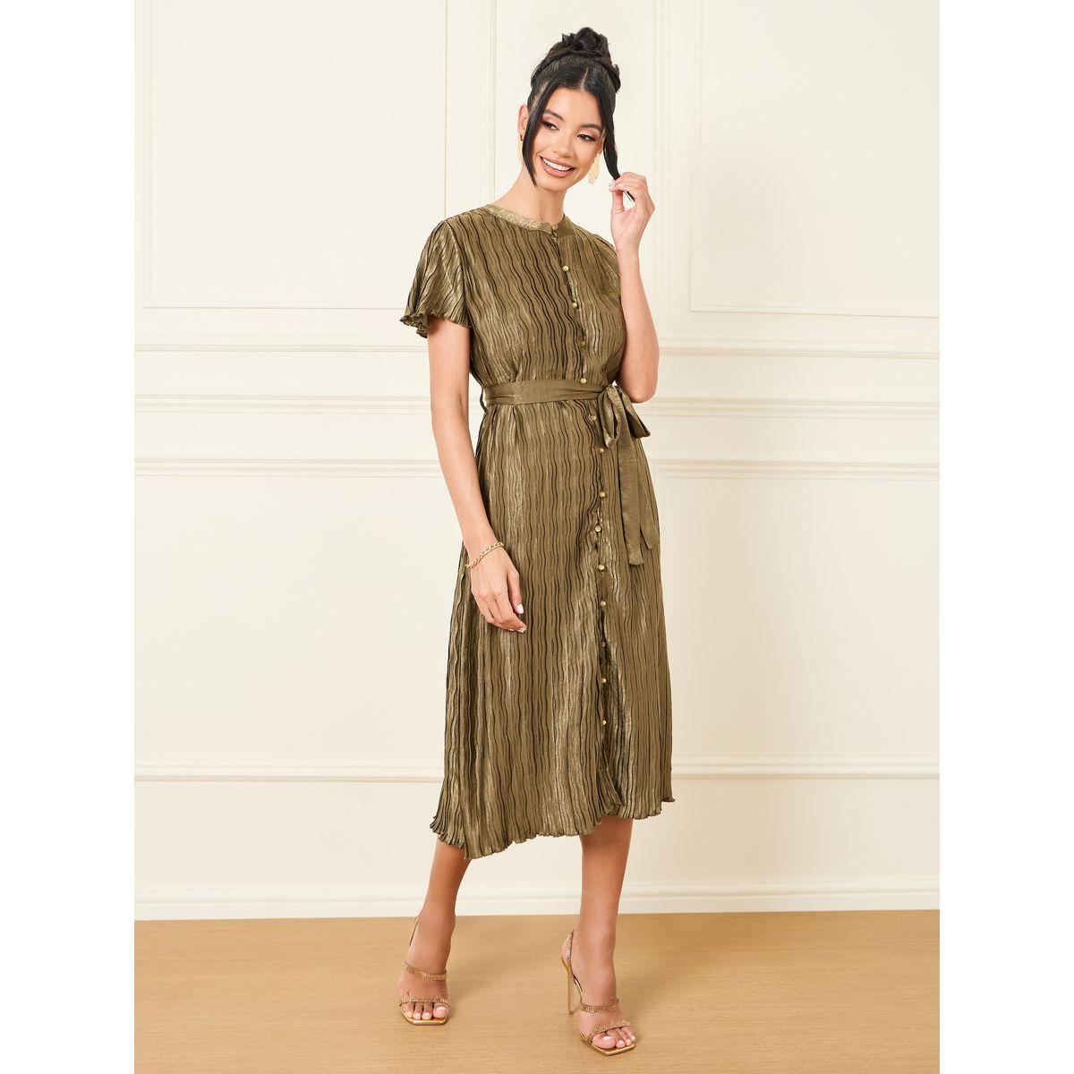Styli Plisse Button Detail Self Tie Up Midi Dress-women-clothing-dresses-image-1