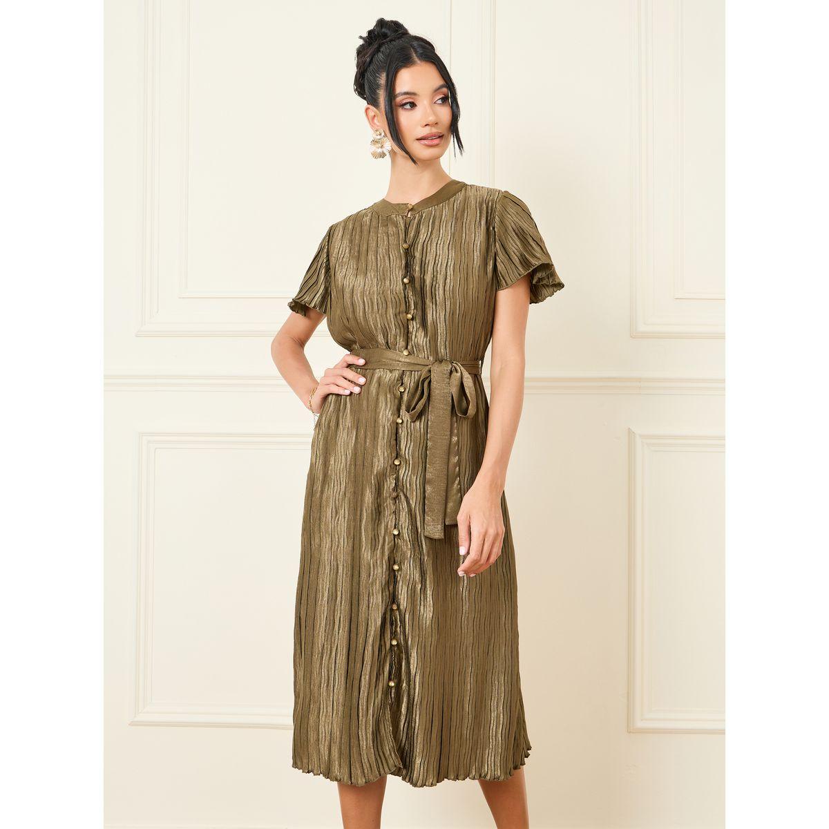 Styli Plisse Button Detail Self Tie Up Midi Dress-women-clothing-dresses-image-2