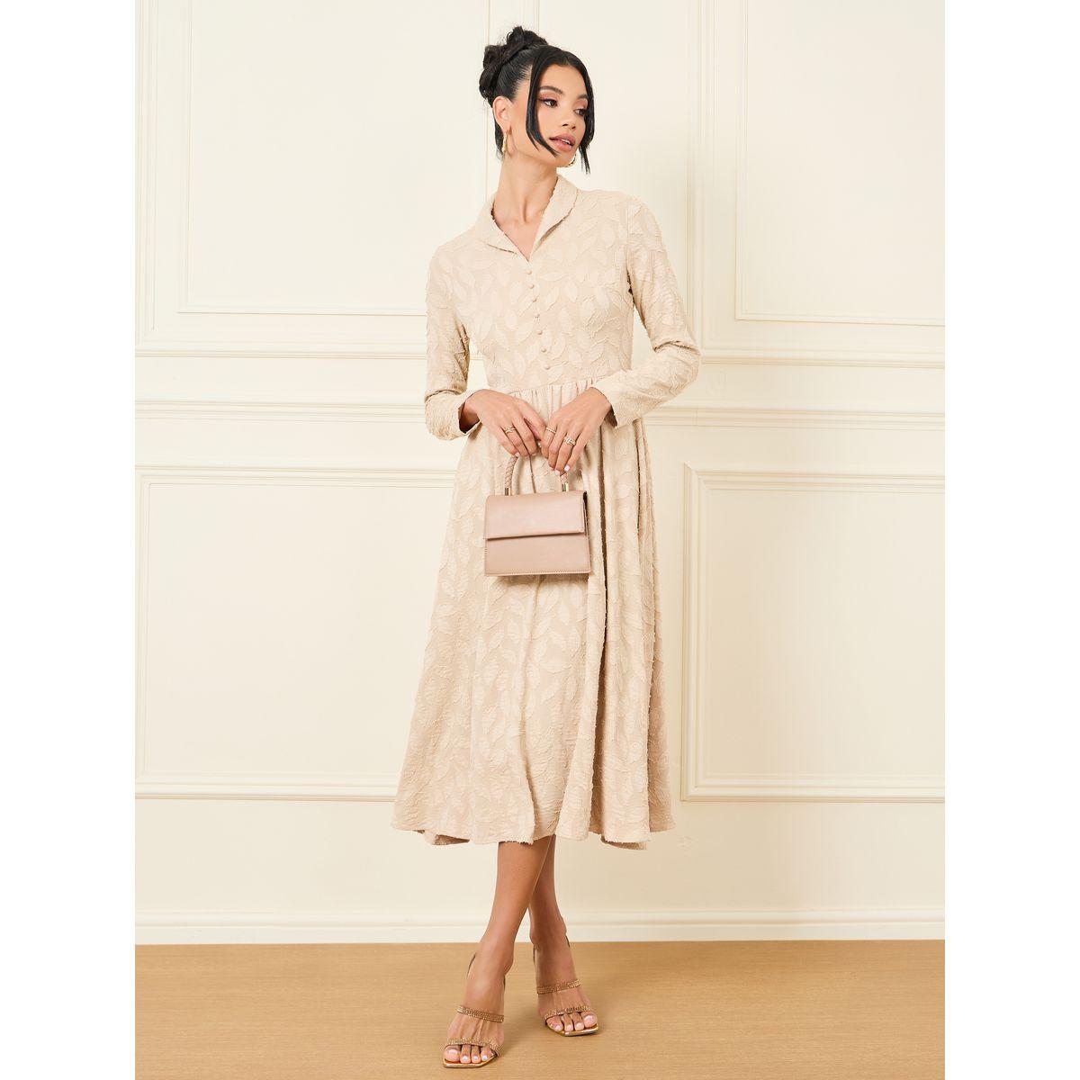 Styli Burnout Texture Button Detail A-Line Midi Dress-women-clothing-dresses-image-1