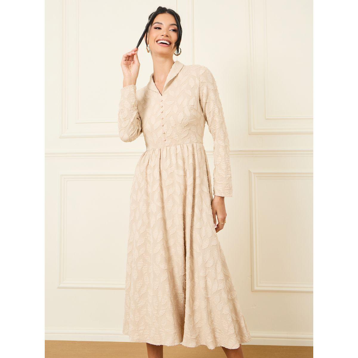 Styli Burnout Texture Button Detail A-Line Midi Dress-women-clothing-dresses-image-2