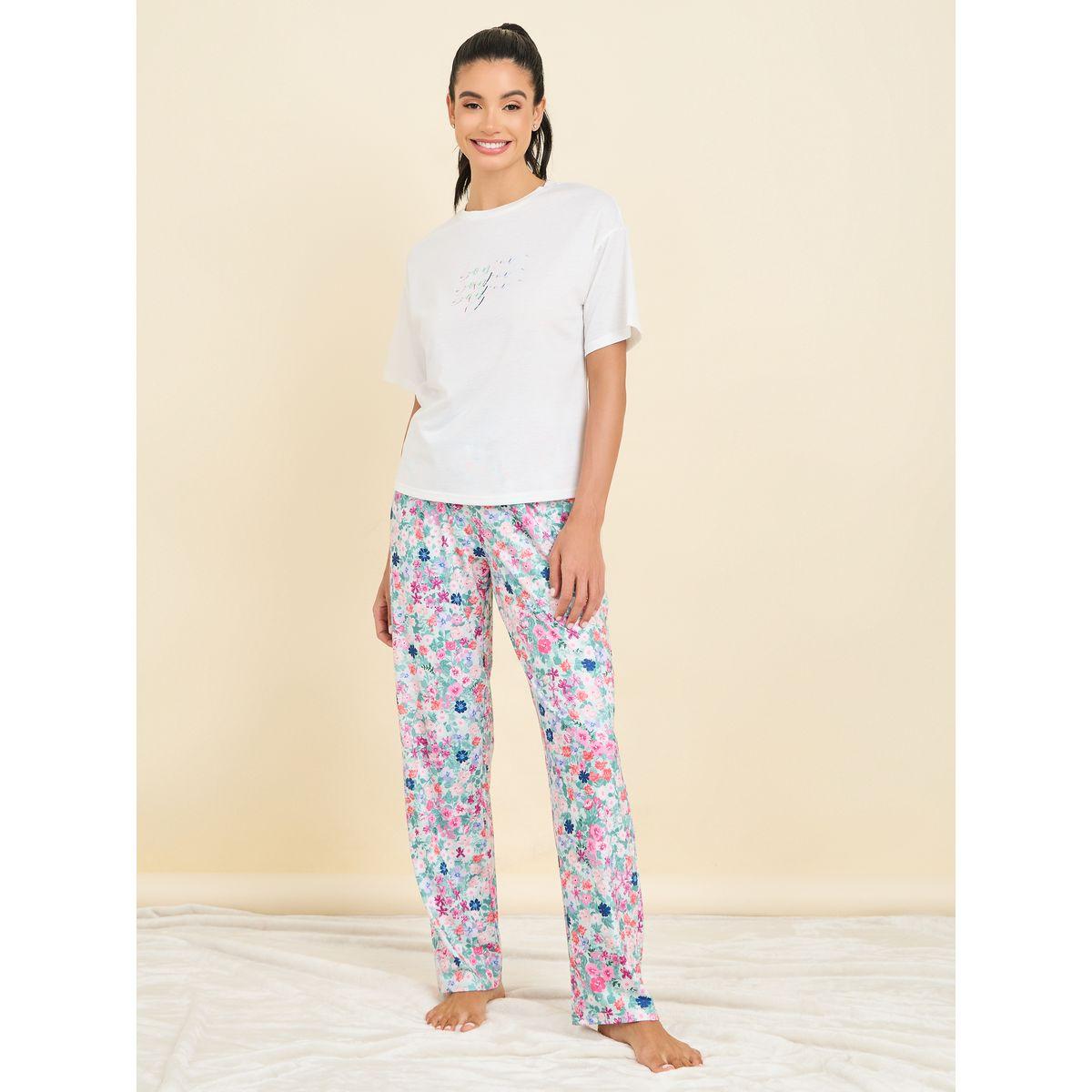 Styli Unwind Bonjour Print T-shirt and Floral Print Pyjama Set-women-clothing-nightwear-pyjamas-longsets-image-2