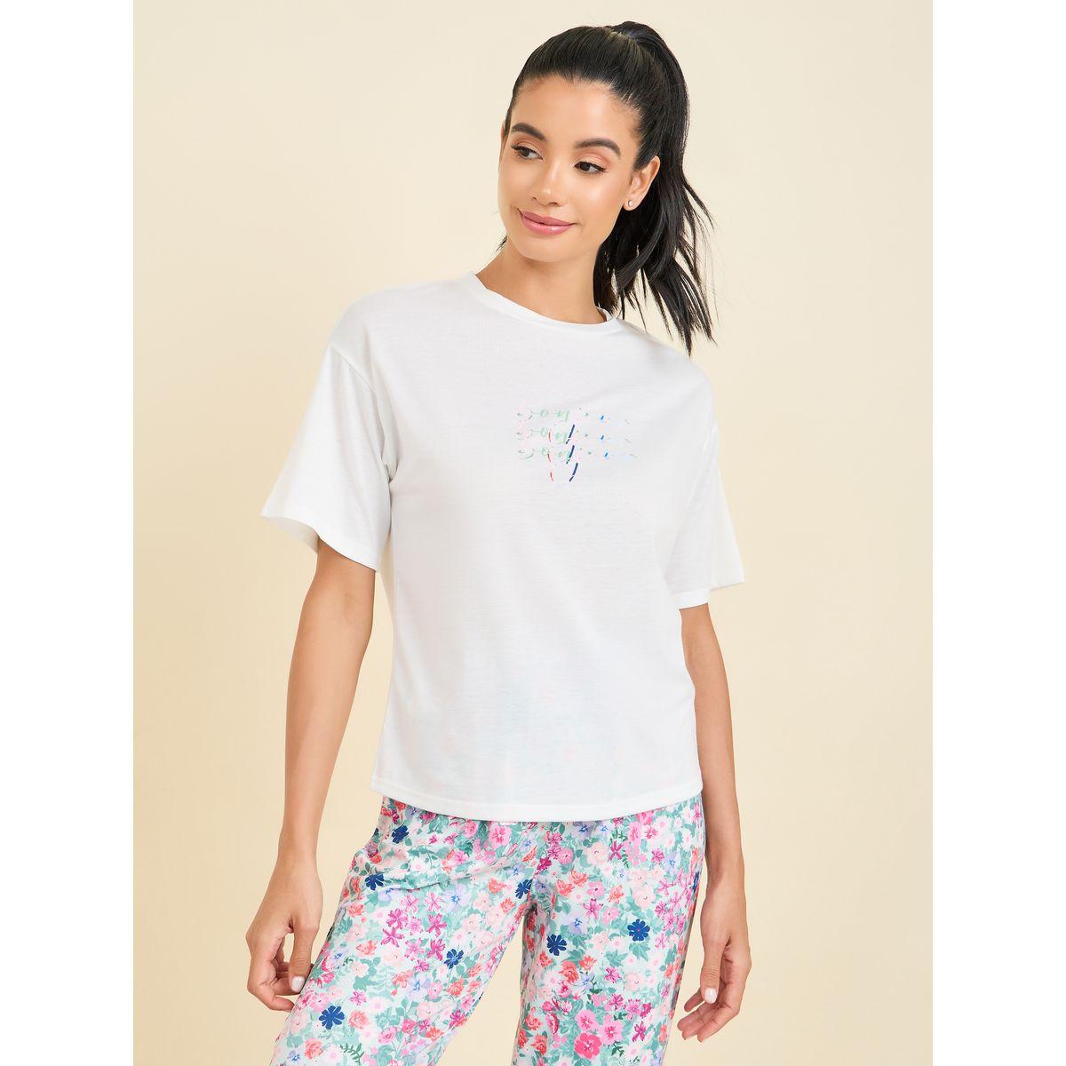 Styli Unwind Bonjour Print T-shirt and Floral Print Pyjama Set-women-clothing-nightwear-pyjamas-longsets-image-3