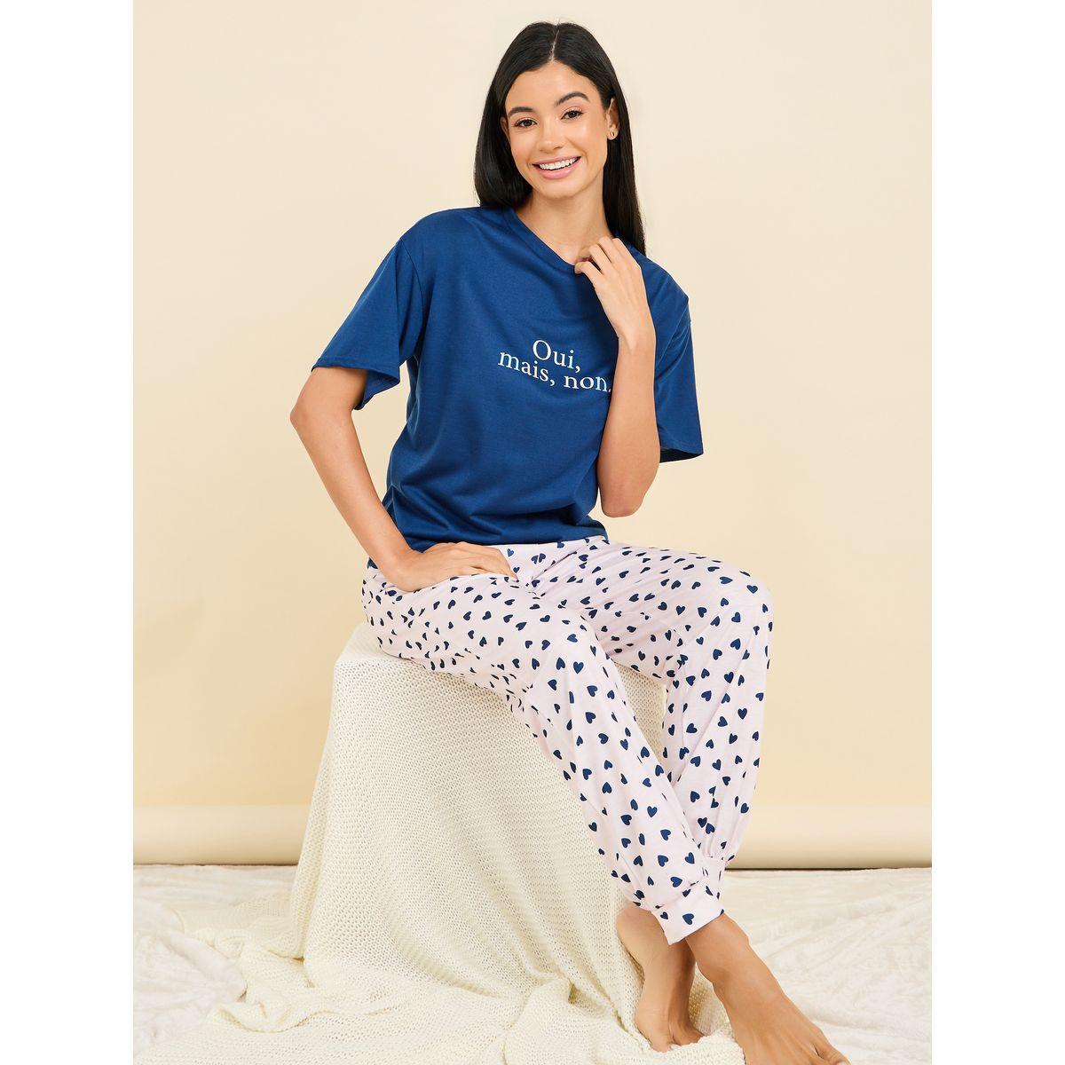 Styli Unwind French Slogan Print Drop Shoulder T-Shirt & AOP Pyjama Set-women-clothing-nightwear-pyjamas-longsets-image-1
